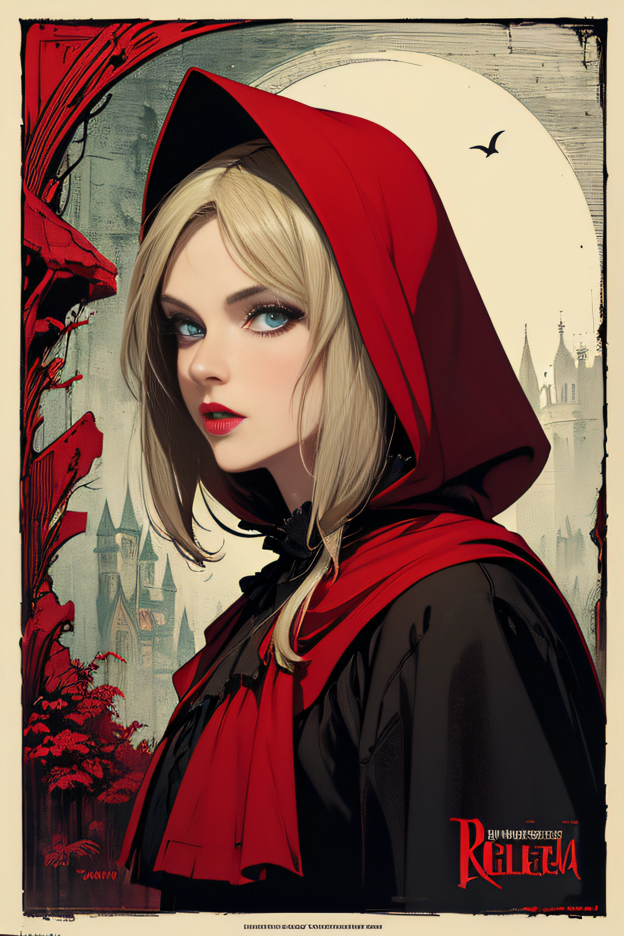 (Masterpiece, Best Quality), 8k Wallpaper, highly detailed, poster, Little Red Riding Hood, sexy, erotic, wolf, gothic, horror, Russia, horror thriller cinematic movie poster, German expressionism, shapes, lines, abstract, propaganda, gothic, movie poster, vintage, in the style of frank frazetta, low-angle shot.