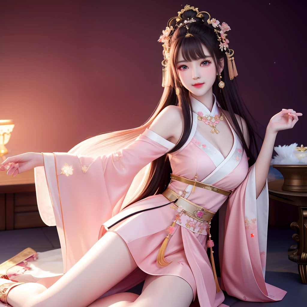 best quality, masterpiece, high resolution, 1 Girl,blush,(Charming smile:0.8),Star-shaped pupil, Deep black Chinese Hanfu, Pretty Face, Showing long legs, Hide your hands, barefoot, Chest opened, Sitting or lying down, whole body, Tyndall effect,Reality, Dark Studio, Rim Light, Two-tone lighting,(High Detail Skin:1.2), 8K uhd, Digital SLR Camera, Soft lighting, high quality, Volumetric Lighting, frank, photo, high resolution, 4K, 8K, Bokeh