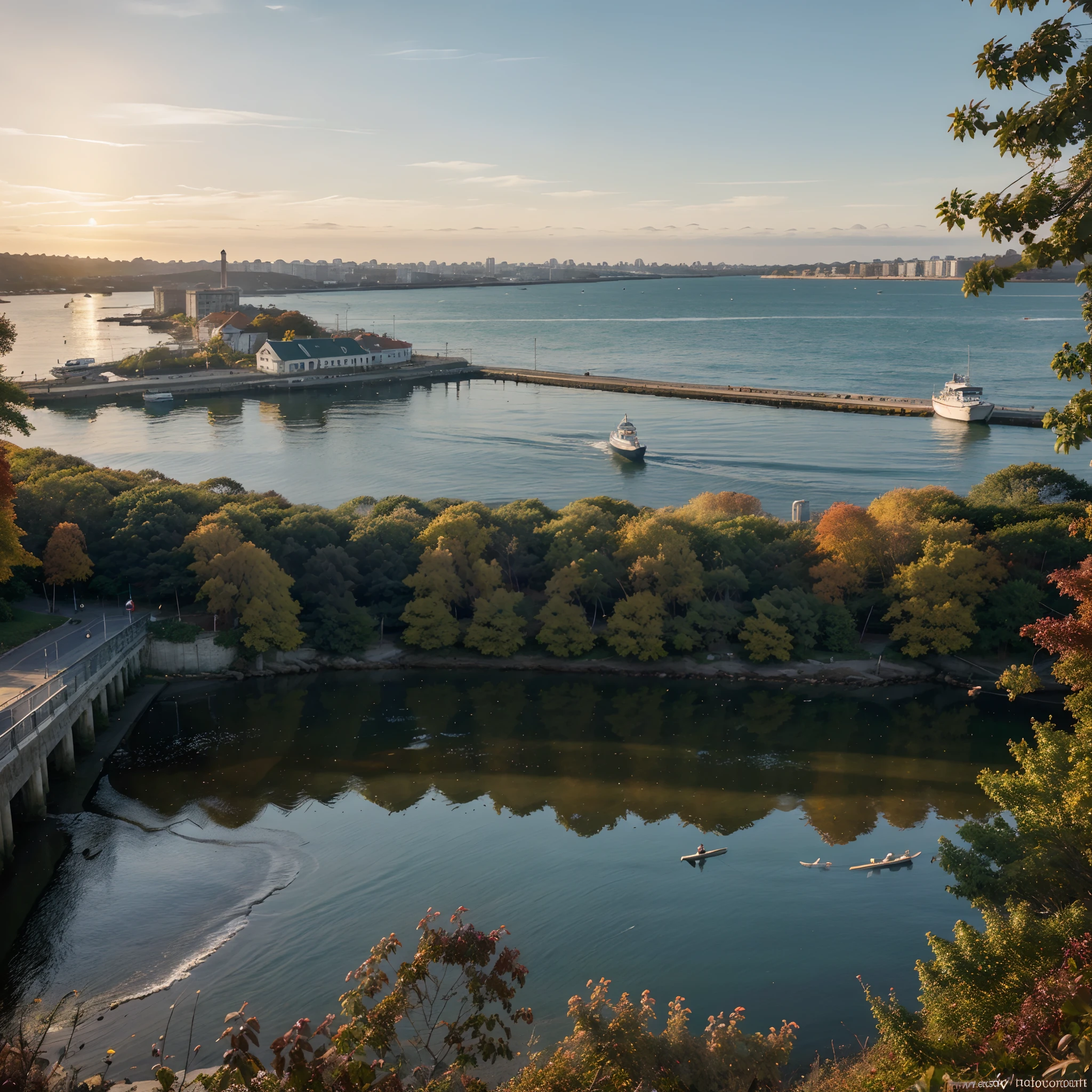 (best quality,4k,8k,highres,masterpiece:1.2),ultra-detailed,(realistic,photorealistic,photo-realistic:1.37),fallen leaves,beautiful autumn colors,serene atmosphere,Vladivostok's seaside charm,hint of a salty breeze,lonely bench by the shore,nostalgic vibes,crisp air,tranquility,harmony with nature,romantic sunset over the horizon,rustling of leaves,soft sunlight filtering through trees,subtle reflections on the water,gentle waves crashing on the rocks,seagulls soaring in the sky,faint murmur of distant conversations,slight chill in the air,docks stretching into the distance,fishing boats resting on the calm water,harbor lights illuminating the night,contrast between the colorful foliage and the concrete structures,breathtaking view of the city,autumn golden hour,tranquil harbor,peaceful cityscape,romantic stroll along the coast,serene moments in the bustling city,blending of urban and natural sceneries, ethereal beauty of fall in Vladivostok,a picturesque blend of sea and leaves.