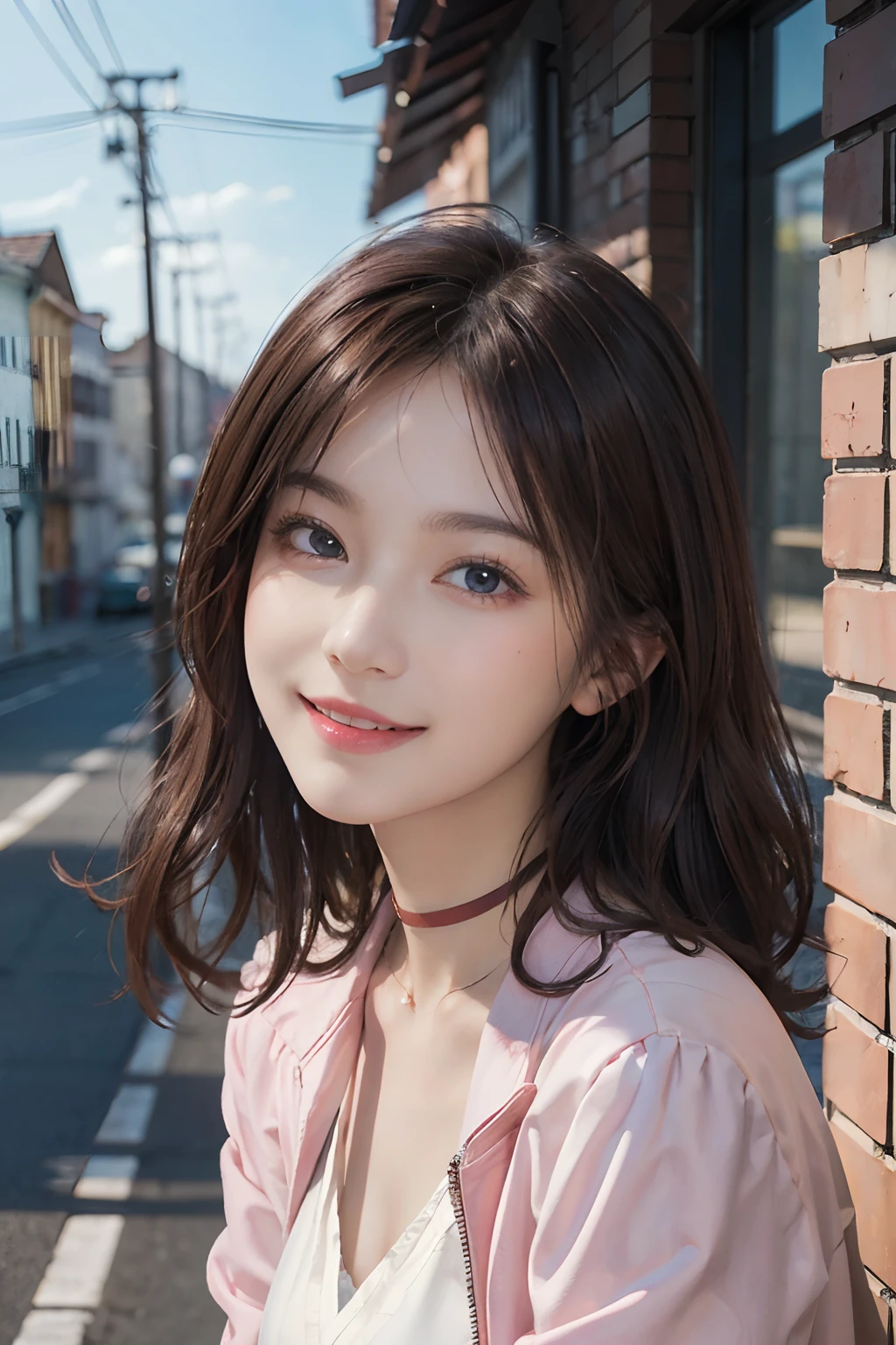 ((top-quality、​masterpiece:1.3))、、1 female:2.0、Colossal tits:1.3、Slender body type:1.1、Toned abs、Brown hair、short-cut、Detailed lips、detailedeyes、二重まぶた、blue eyess、wide Shots、(Raw photography、top-quality)、(realisitic、Photorealsitic:1.3)、top-quality、​masterpiece、extremely delicate and beautiful、extremely details CG、 absurderes、A smile、Erotic face、frontage、Fours、Slouched、Nokezoru、Strong smile、model poses、Cute side shot of 31 year old +Shy + Gorgeous French-Albanian schoolgirl、god rays、Shot with AFGA Vista 400::2.0 、Photos of the atmosphere in the style of Eric Madigan Heck and Arthur Elgort、Laugh with your mouth wide open:3.0、Long pink hair、red highlights、Hair above one eye、耳Nipple Ring、a choker、Open jacket、Brick wall、doodle、Dim lighting、alleyway、looking at the spectator、 ((Meaning、魅惑的、enticing))、((Daytime background))、((ssmile))、((Model Pose))、goldenhair