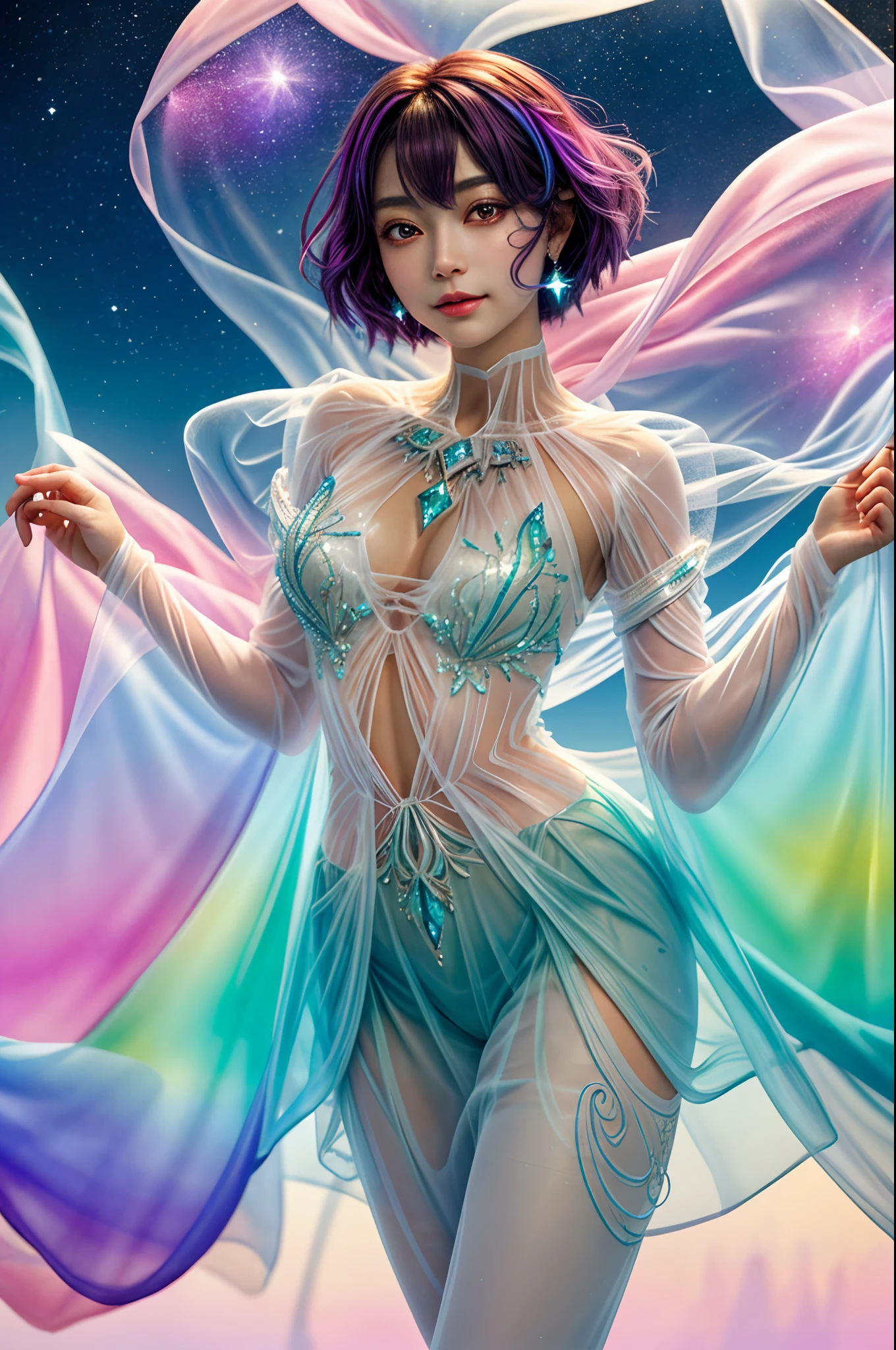Beautiful girl story wrapped in love, Beautiful eye details, A captivating anime girl gracefully emerges from the pages of a watercolor painting, Her vivid and complex colors are, Bring your artwork to life, (see-through transparent clothes, transparent costume:1.5), She wears extraordinary fantasy costumes,Decorated with exquisite details, reflecting the enchanting world she inhabits, Luminescent elements, like glowing crystals and ethereal wisps, surround her, casting a soft, otherworldly glow, The style of watercolor painting is、Imbues the image with a sense of fluidity and delicacy, as if the colors are effortlessly blending and bleeding into one another, Camera shot: Medium shot, Soft focus, luminescent glow lighting, watercolor brushstrokes, Sophisticated and very delicate anime illustration, Unique colors, Portrait of an anime girl, infinite love, Irridescent color, beautiful girl illuminated by seven colors of light,