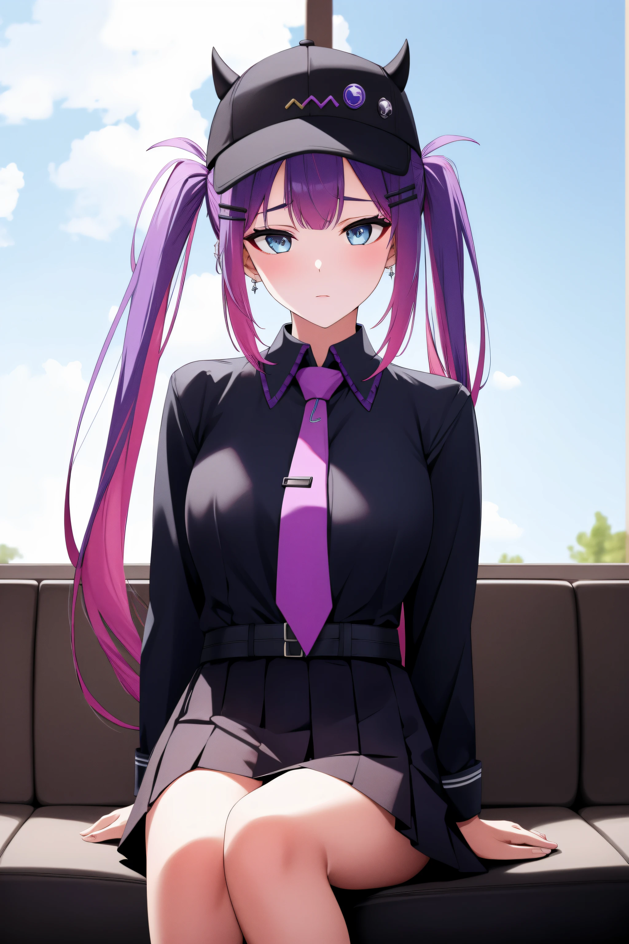 (day:1.7), sky background,a blue sky and clouds,
sitting at attention,sitting on couch,
purple necktie, black shirt, collared shirt, long sleeves, black skirt, plaid skirt,
aatowa, long hair, twintails, black headwear, baseball cap, fake horns, hairclip, piercing, demon tail,
1 girl, 20yo,young female,Beautiful Finger,Beautiful long legs,Beautiful body,Beautiful Nose,Beautiful character design, perfect eyes, perfect face,
looking at viewer, (innocent_big_eyes:1.0),(expressionless:1.3),
NSFW,official art,extremely detailed CG unity 8k wallpaper, perfect lighting,Colorful, Bright_Front_face_Lighting,
(masterpiece:1.0),(best_quality:1.0), ultra high res,4K,ultra-detailed,
photography, 8K, HDR, highres, absurdres:1.2, Kodak portra 400, film grain, blurry background, bokeh:1.2, lens flare, (vibrant_color:1.2)
(Beautiful,medium_Breasts:1.4), (beautiful_face:1.5),(narrow_waist),(perfect hands, perfect anatomy),