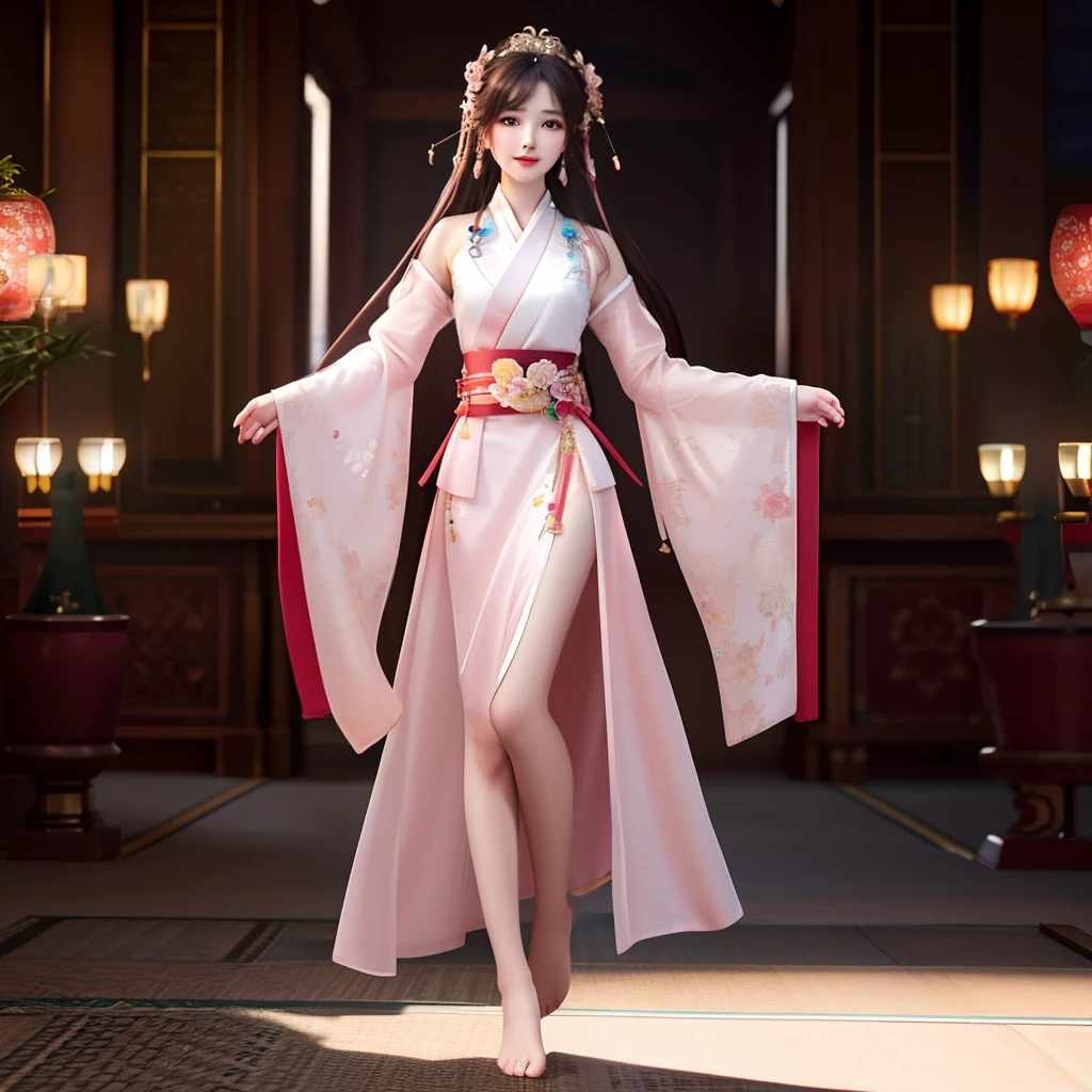 best quality, masterpiece, highres, 1girl,blush,(seductive smile:0.8),star-shaped pupils,sexy china hanfu in pink, princess, very luxury, hair ornament,necklace, jewelry,Beautiful face, showing legs, barefoot, chest is open, full body, tyndall effect,photorealistic, dark studio, rim lighting, two tone lighting,(high detailed skin:1.2), 8k uhd, dslr, soft lighting, high quality, volumetric lighting, candid, Photograph, high resolution, 4k, 8k, Bokeh