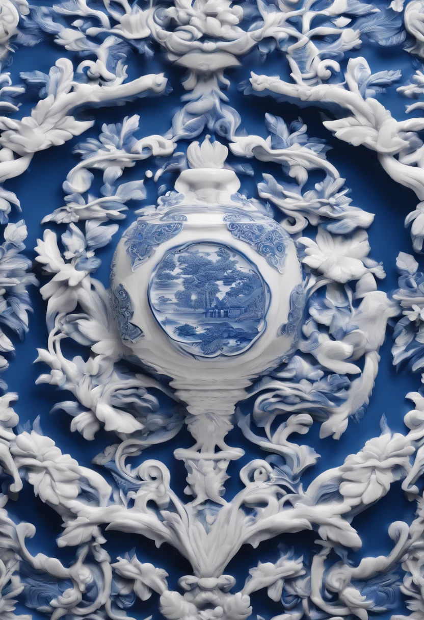 Blue and white porcelain,Ceramic material，sofe，anaglyph，chinse landscape，artwork of a，Ornaments， high detail,3D， Chiaroscuro, Cinematic lighting, god light, Cinematic lighting, hyper HD, High details, Best quality, A high resolution, Textured skin