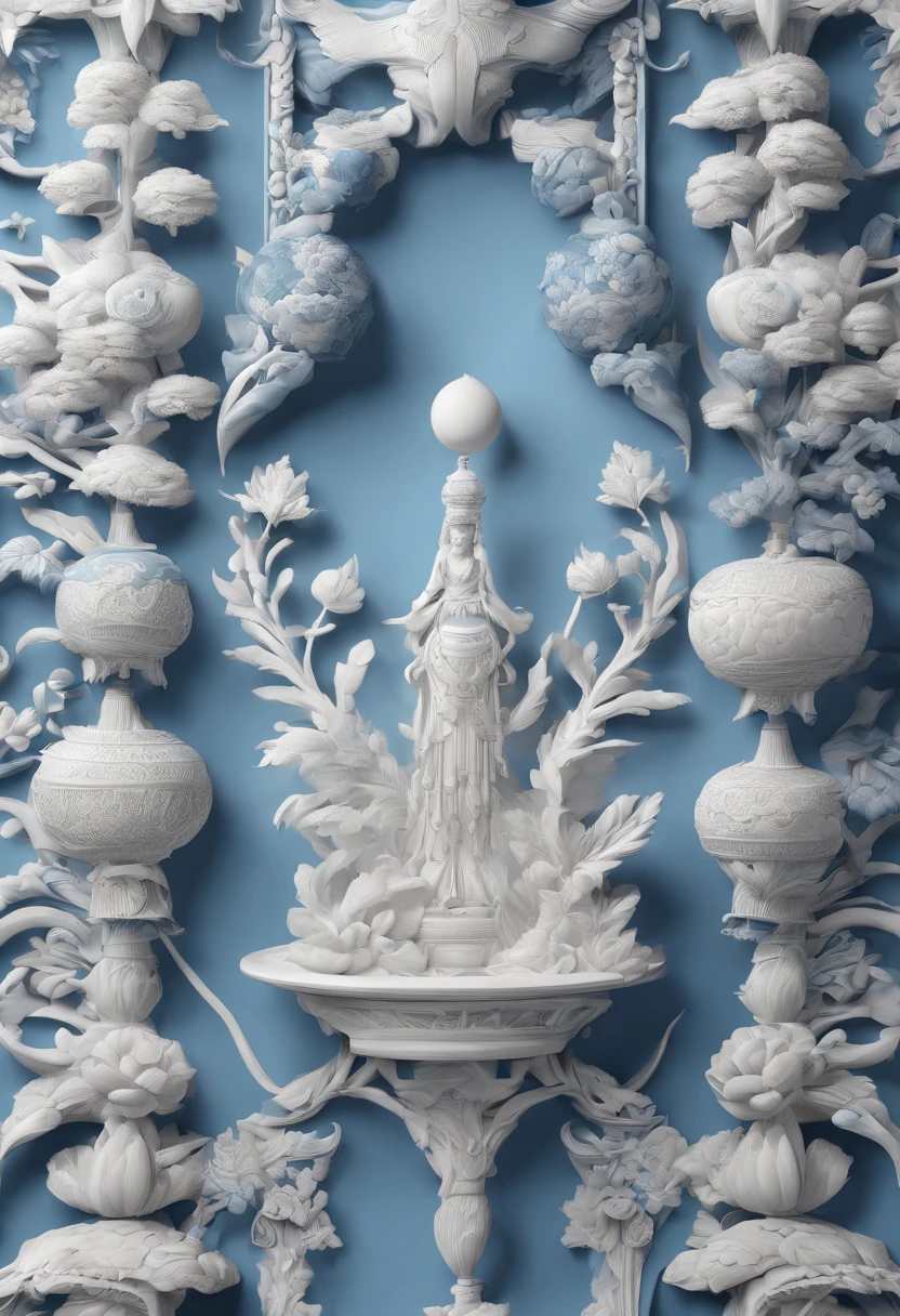 Blue and white porcelain,Ceramic material，sofe，anaglyph，chinse landscape，artwork of a，Ornaments， high detail,3D， Chiaroscuro, Cinematic lighting, god light, Cinematic lighting, hyper HD, High details, Best quality, A high resolution, Textured skin