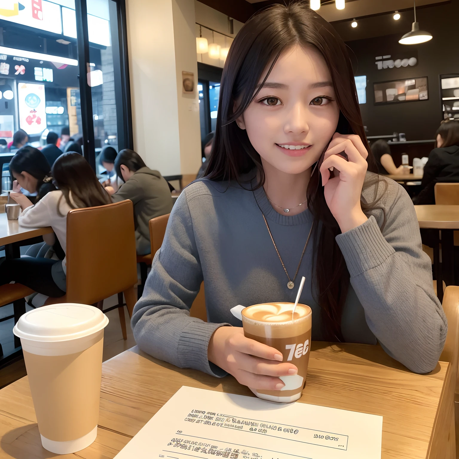 Masterpiece, top light, focus, smile, girl, long brown hair, layered sideburns, big breasts, coffee shop, seated seat, high definition, delicate facial features, double eyelids, white professional wear,