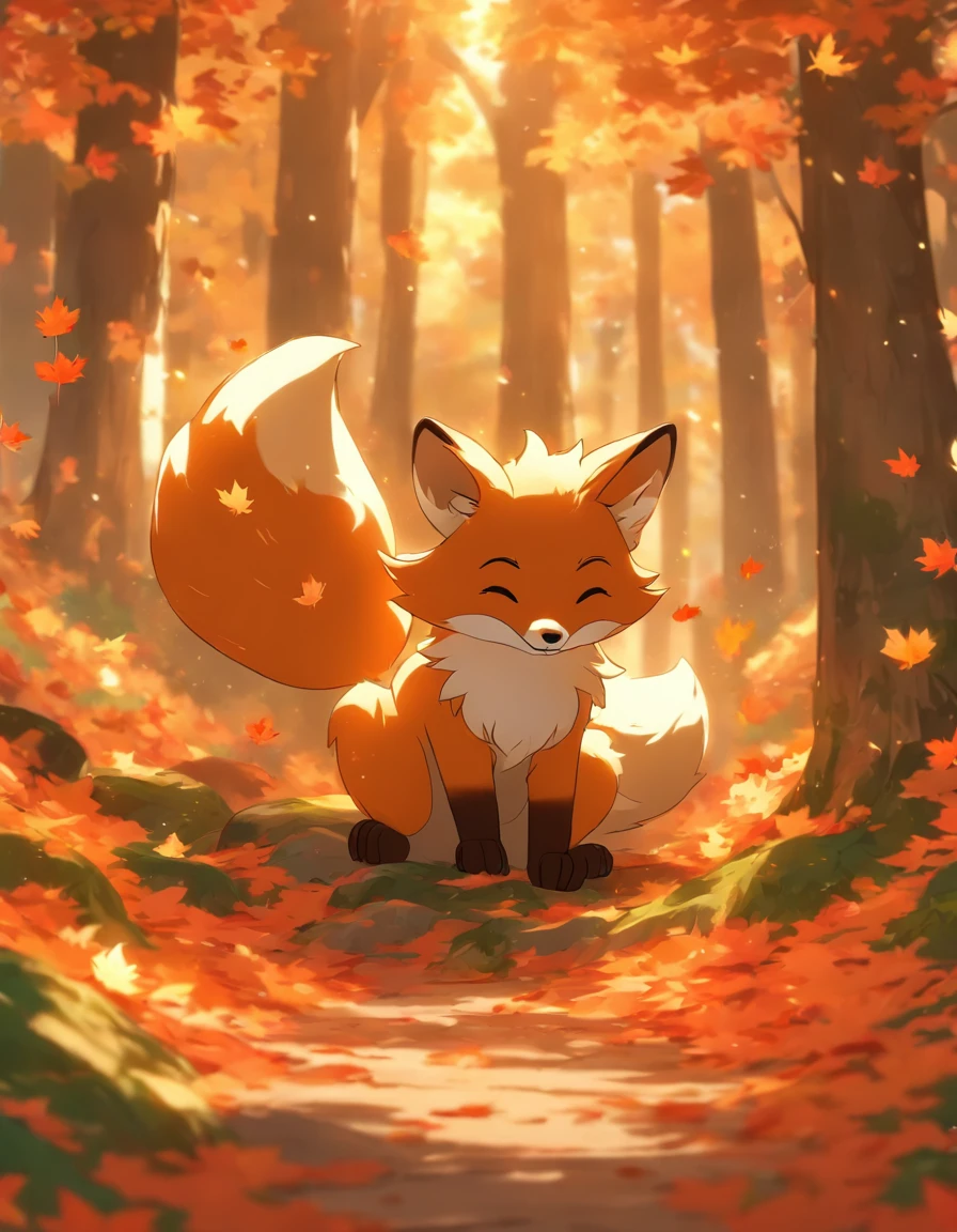 (Best Quality,4k,8K,hight resolution,Masterpiece:1.2),Ultra-detailed, Lots of falling maple leaves,Colorful Autumn Scene,Fox Mom,Cute fox cub playing,Autumn Forest,Fox in a cloak of maple leaves,Hiding Fox,A Hole in a Tree,Sunny day,serene atmosphere,Maples,Autumn foliage,Beautifully painted fox,dark green and orange leaves,Peaceful environment,natural lighting,A ray of sunshine through the leaves,Sun Bunny,Majestic tree trunks,Quiet seclusion,Magical atmosphere
