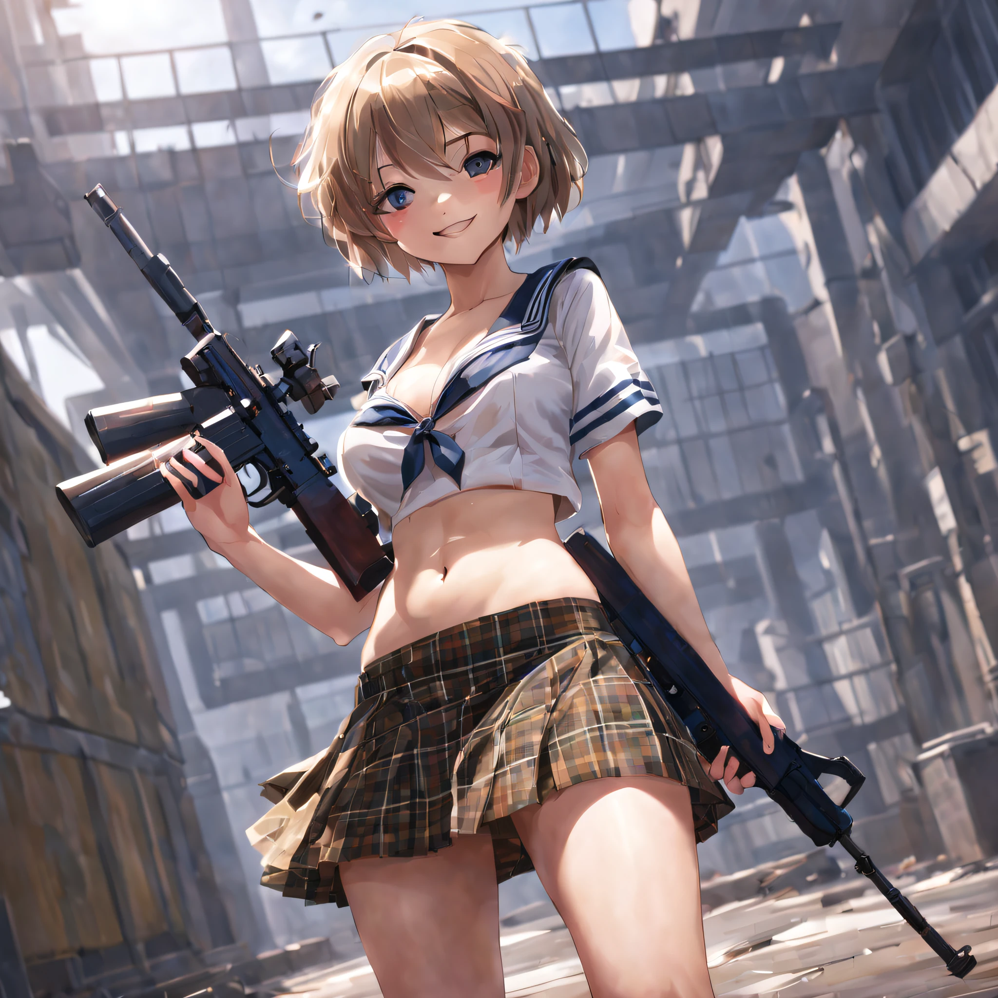 Masterpiece, high resolution, cinematic lighting, front camera angle, ruined metropolis, high school girl standing with an assault rifle (M16), beautiful girl, grinning, good figure, short hair, big breasts, cleavage, A short sailor suit that shows the belly button, a tartan check miniskirt,