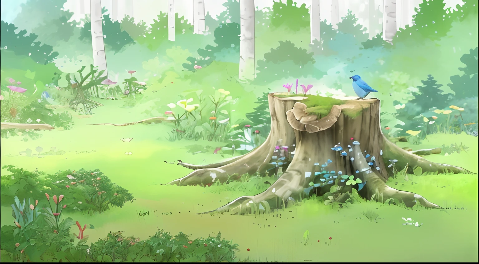 In the bright forest,Blue bird on a stump,Helheilis Flower,Mushrooms on stumps,herhairisflower