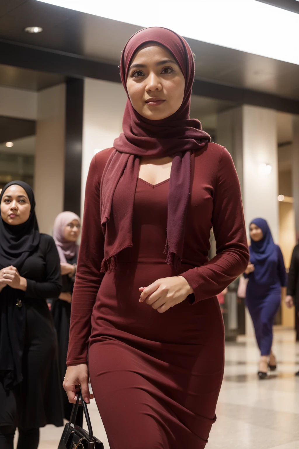 Neelofa running at the crowded mall wearing hijab, happy
