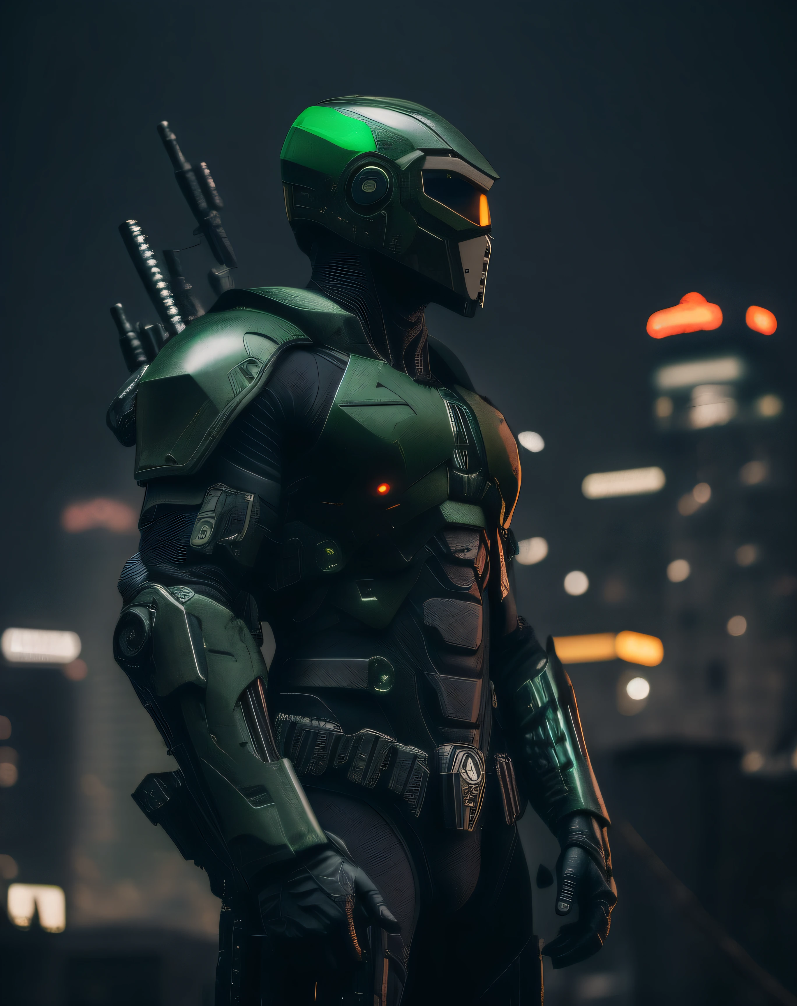 Homem de terno verde com arma e luz verde, Master Chief em Cyberpunk City, usando armadura verde e capacete, terno cyberpunk, cybernetic suit, Terno furtivo, armadura cyberpunk, armadura verde, clothed in sci-fi military armor, soldado cyberpunk, metallic green armor, vestido com armadura furtiva, Batman cyberpunk, cavaleiro cyberpunk, cyber fight armor