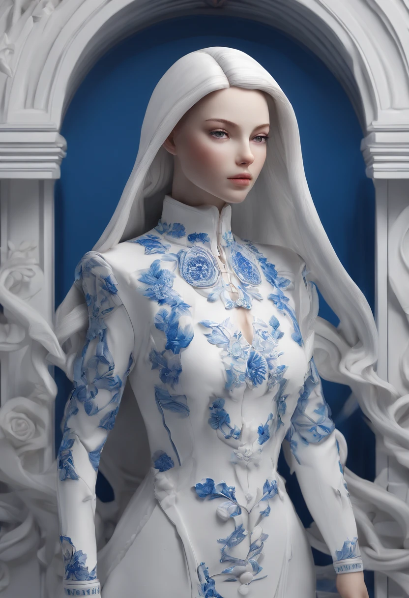 Blue and white porcelain,Ceramic material,Male dolls,cartoonish style,3D,artwork of a,Ornaments, high detail,3D, Chiaroscuro, Cinematic lighting, god light, Cinematic lighting, hyper HD, High details, Best quality, A high resolution, Textured skin
