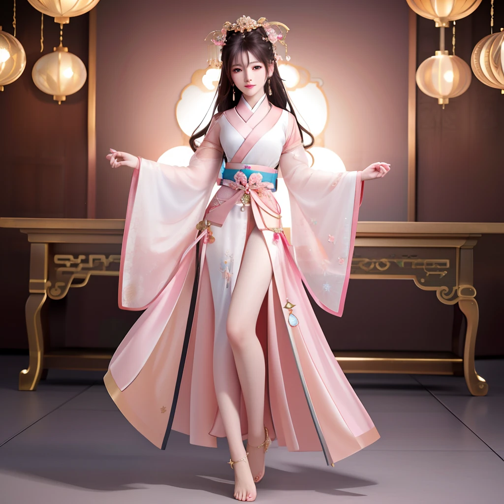 best quality, masterpiece, highres, 1girl,blush,(seductive smile:0.8),star-shaped pupils,sexy china hanfu in pink, princess, very luxury, hair ornament,necklace, jewelry,Beautiful face, showing legs, barefoot, chest is open, turn from her back, full body, tyndall effect,photorealistic, dark studio, rim lighting, two tone lighting,(high detailed skin:1.2), 8k uhd, dslr, soft lighting, high quality, volumetric lighting, candid, Photograph, high resolution, 4k, 8k, Bokeh