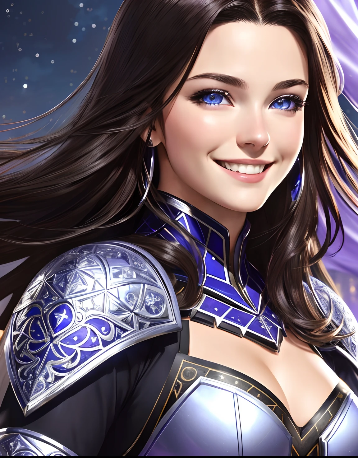 (a 25-year-old girl, Villain from RPG, dark brown hair, blue bright eyes, a big happiness smile,smilr face, wearing a purple armor dress, white gloves,Dark Medieval cenario),(illustration:1.1),(ultra-detailed, realistic:1.37),(vivid colors, professional)