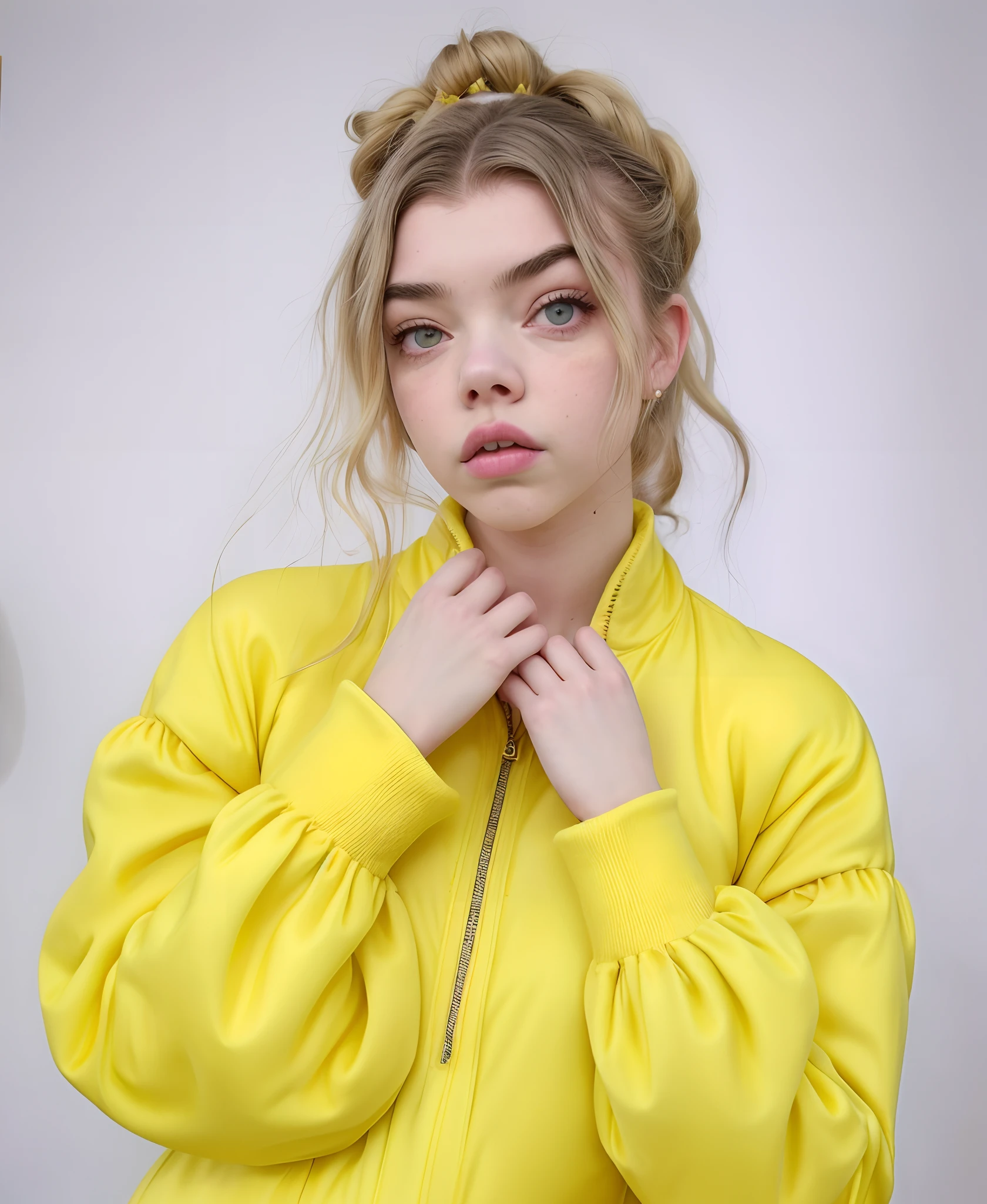 mulher arafed em uma jaqueta amarela posando para uma foto, Sidnei Sweeney, Roupas amarelas, usando um capuz amarelo, Estilo de Julia Razumova, Retrato Sophie Mudd, com panos amarelos, Retrato Anya Taylor-Joy, Chloé Moretz, Anya Taylor - Alegria, Anya Taylor-Alegria, florence pugh, Anya Taylor alegria, (((amarelo)))