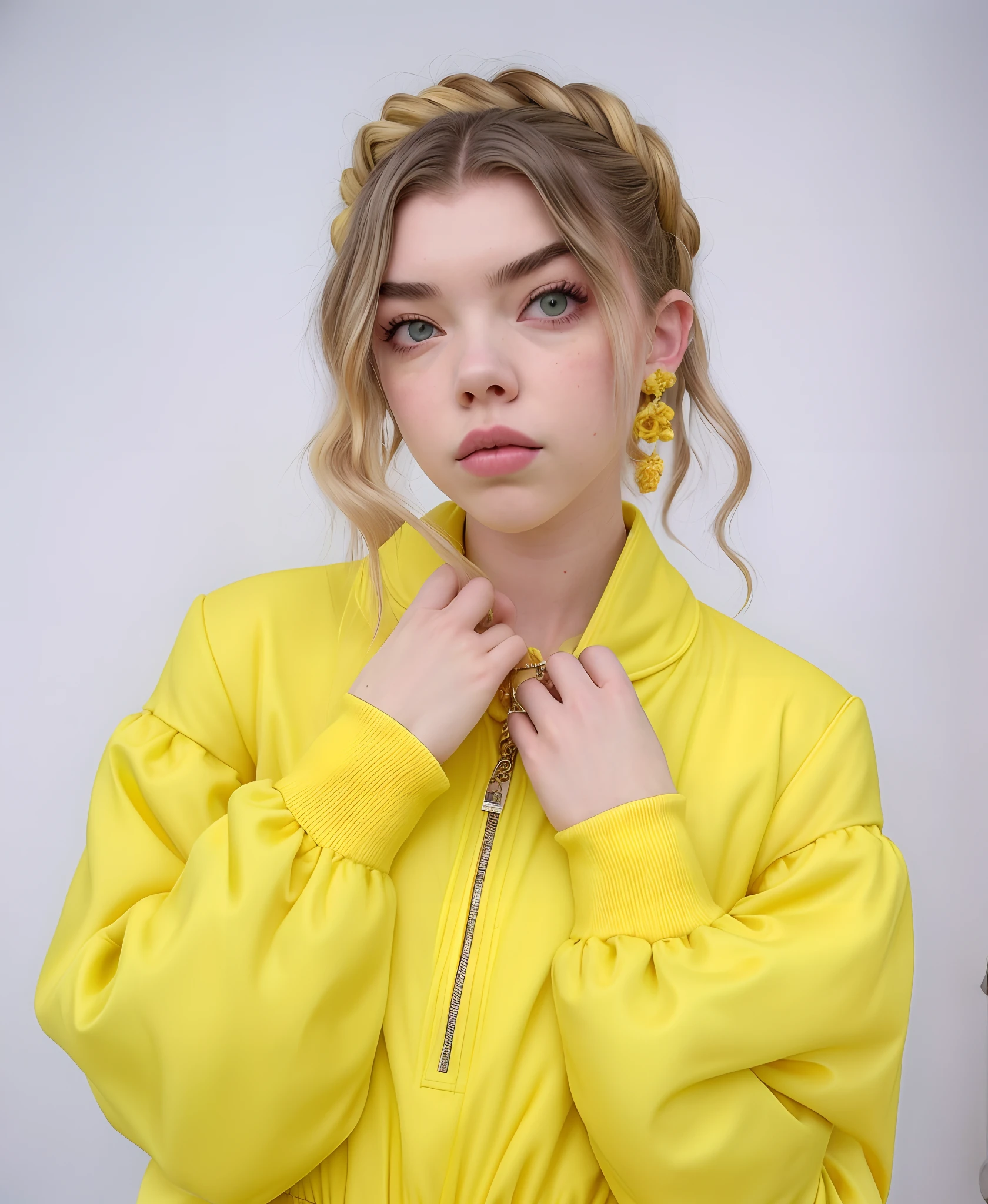 mulher arafed em uma jaqueta amarela posando para uma foto, Sidnei Sweeney, Roupas amarelas, usando um capuz amarelo, Estilo de Julia Razumova, Retrato Sophie Mudd, com panos amarelos, Retrato Anya Taylor-Joy, Chloé Moretz, Anya Taylor - Alegria, Anya Taylor-Alegria, florence pugh, Anya Taylor alegria, (((amarelo)))