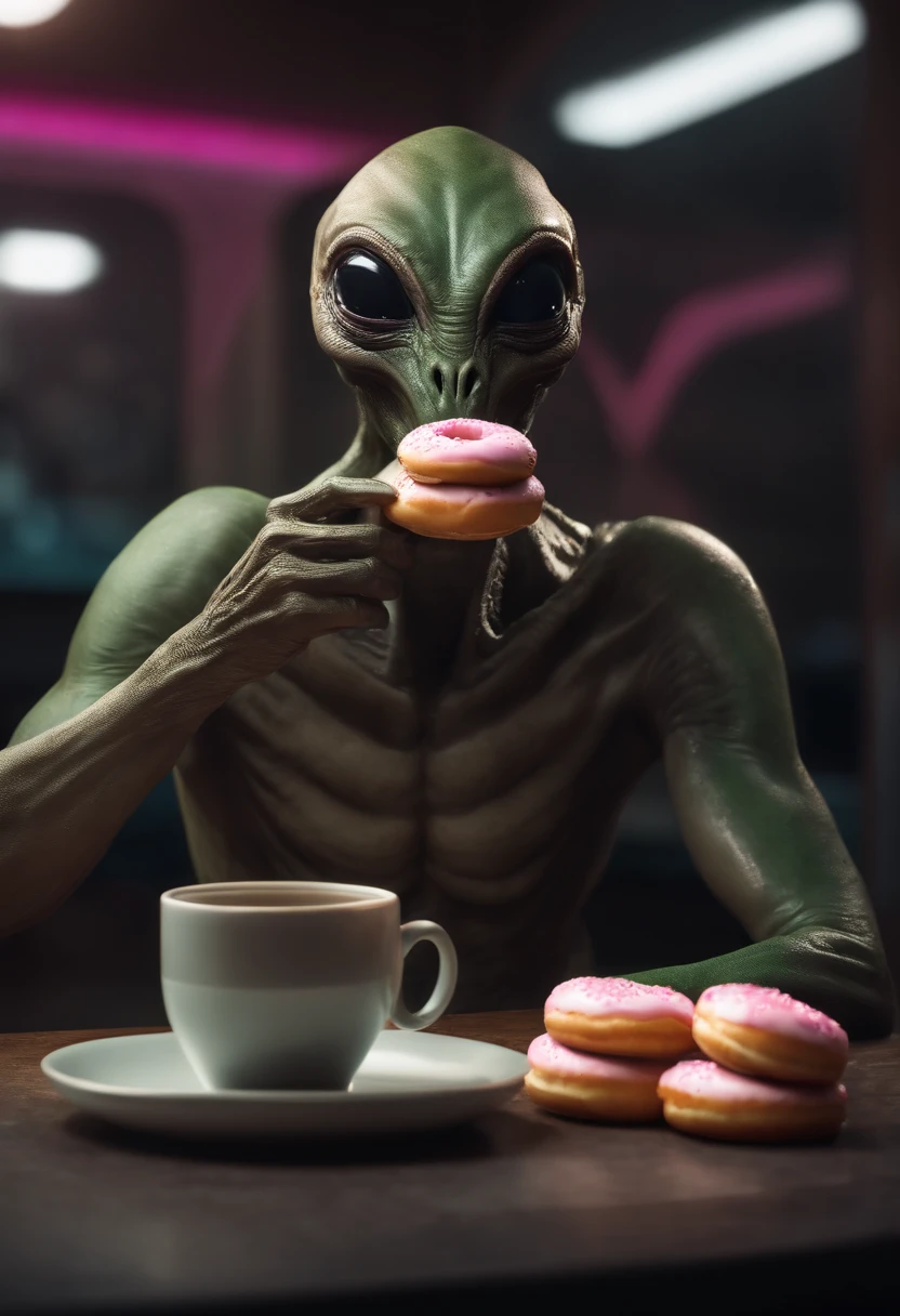 An alien creature with a flattened head, 2 ojos negros grandes, drinking coffee with another alien of his kind , eating pink doughnuts, [illustration] durante (La mejor calidad,4k,8k,altas,Pieza maestra:1.2), Ultra detallado, (realista,fotorrealista,fotorrealista:1.37), HDR, UHD, Studio lighting, extreme detail description, profesional, vivid colors, Bokeh, [Artista conceptual], [Science fiction], [retrato], [Paisaje].