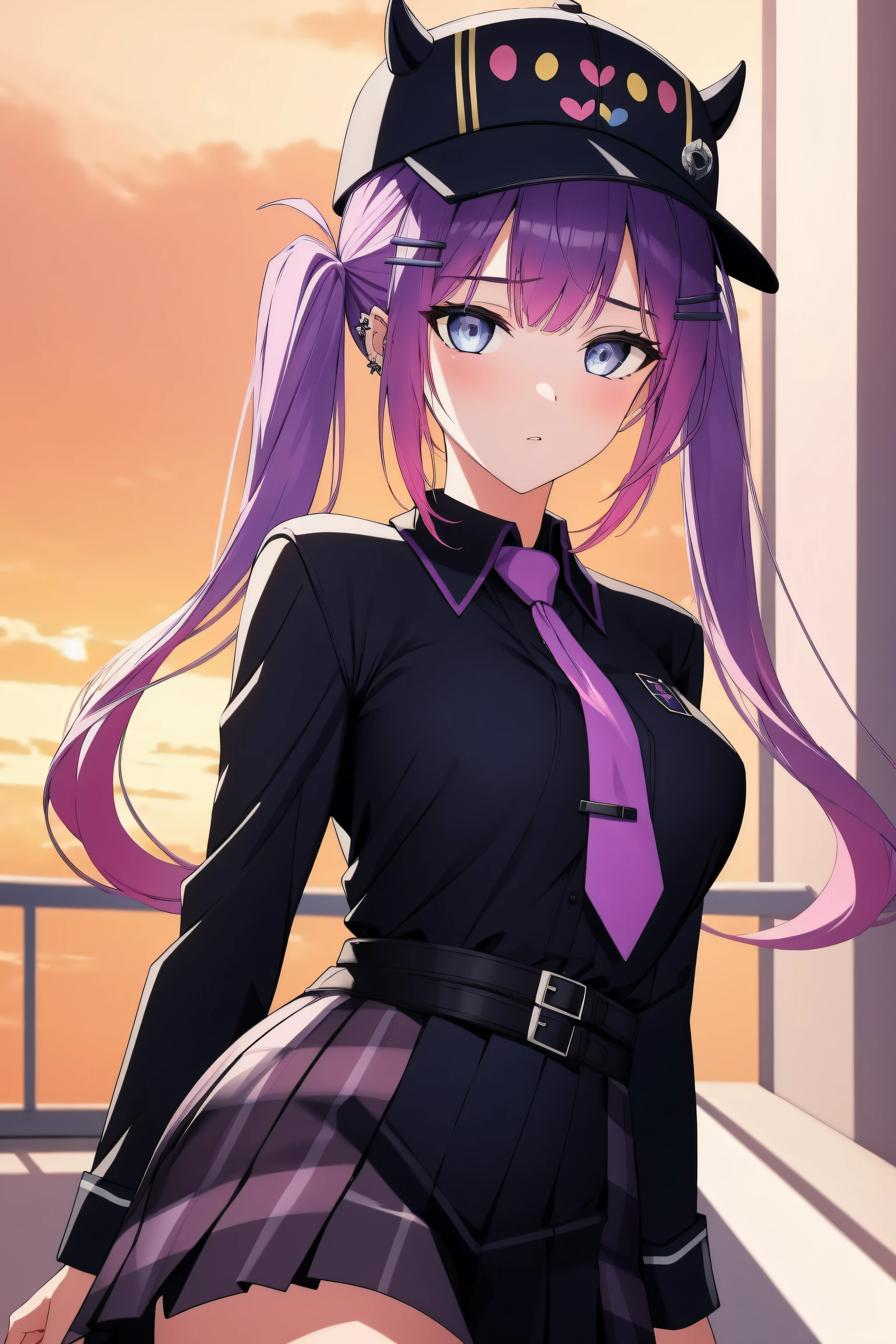 (day:1.7), sky background,a blue sky and clouds,
standing at attention,
purple necktie, black shirt, collared shirt, long sleeves, black skirt, plaid skirt,
aatowa, long hair, twintails, black headwear, baseball cap, fake horns, hairclip, piercing, demon tail,
1 girl, 20yo,young female,Beautiful Finger,Beautiful long legs,Beautiful body,Beautiful Nose,Beautiful character design, perfect eyes, perfect face,
looking at viewer, (innocent_big_eyes:1.0),(expressionless:1.3),
NSFW,official art,extremely detailed CG unity 8k wallpaper, perfect lighting,Colorful, Bright_Front_face_Lighting,
(masterpiece:1.0),(best_quality:1.0), ultra high res,4K,ultra-detailed,
photography, 8K, HDR, highres, absurdres:1.2, Kodak portra 400, film grain, blurry background, bokeh:1.2, lens flare, (vibrant_color:1.2)
(Beautiful,medium_Breasts:1.4), (beautiful_face:1.5),(narrow_waist),(perfect hands, perfect anatomy),