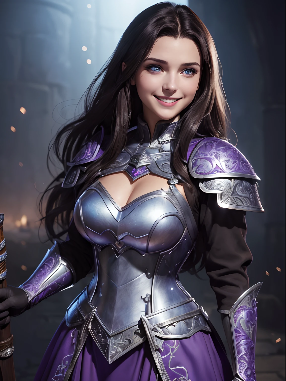 (a 25-year-old girl, Villain from RPG, dark brown hair, blue eyes, a big happiness smile,smilr face, wearing a purple armor dress, white gloves,Dark Medieval cenario),(illustration:1.1),(ultra-detailed, realistic:1.37),(vivid colors, professional)