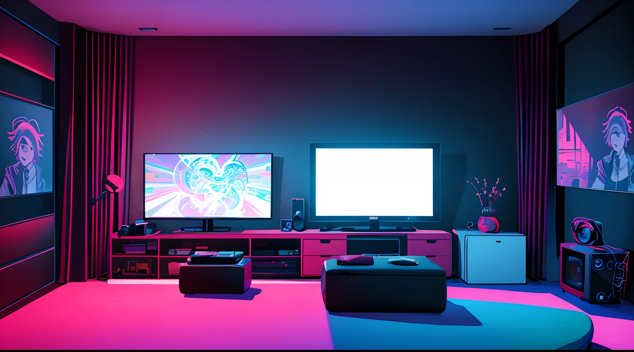 (masterpiece), (best illustration),(no humans), anime background, gaming bedroom, television with large computer, ring lighting , rim lighting,(extremely detailed CG unity 8k wallpaper),(masterpiece), (best quality), (vaporwave style), (ultra-detailed), (best illustration),(best shadow),perfect lighting , perfect anatomy , vivid colors, no chair, red and blur colors