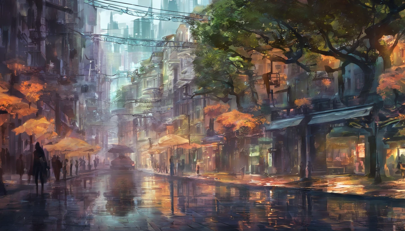 um papel de parede de uma cidade num dia de chuva