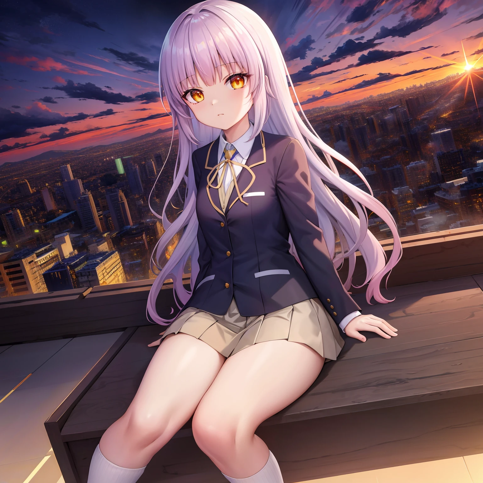 ,masutepiece, Perfect face,(dense lines:1.0), (Ultra-detailed:1.2), (Oil Painting:0.9), (the Extremely Detailed CG Unity 8K Wallpapers:1.2),
Looking at Viewer,(((City of Sunsets))),(((Sunset))),
1girl in,Solo,Long hair,School uniform,Jacket,Yellow eyes,Blazer,Skirt,White socks,shoes,Canadest Girl,Angel Beats!,Light purple hair,