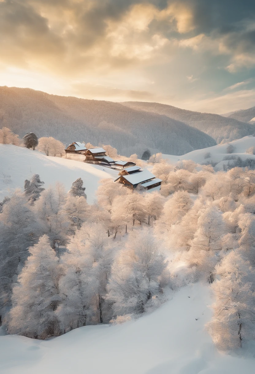 Winters，A vast expanse of white，Snowflakes fill the sky，villages，Bare trees，Old Japan woodblock prints，Photographed by Erwin Wurm，filmed in dslr，Lemon yellow tone，Light orange tone，Ivory white tones，full of sunlight，surreal scenery，brightly，Warm light，morningglow