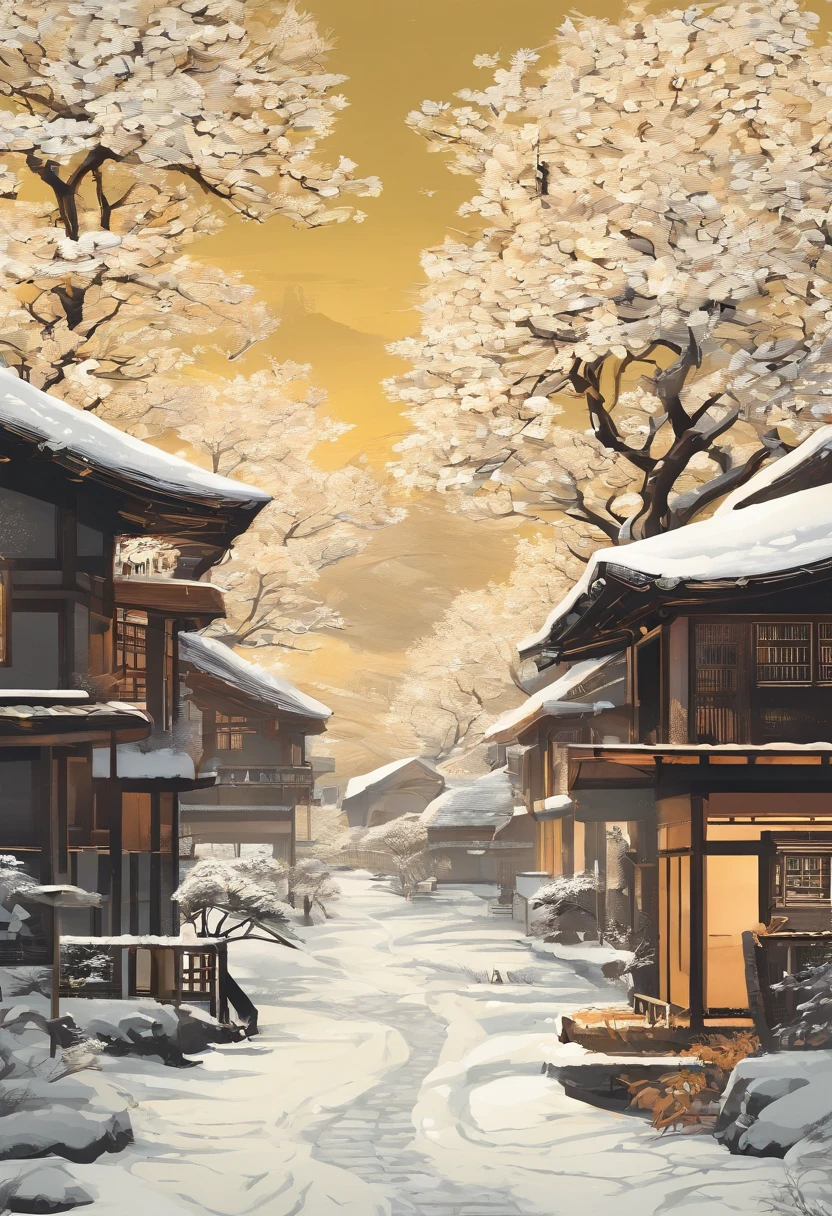 Winters，A vast expanse of white，Snowflakes fill the sky，villages，Bare trees，Old Japan woodblock prints，Photographed by Erwin Wurm，filmed in dslr，Lemon yellow tone，Light orange tone，Ivory white tones，full of sunlight，surreal scenery，brightly，Warm light，morningglow