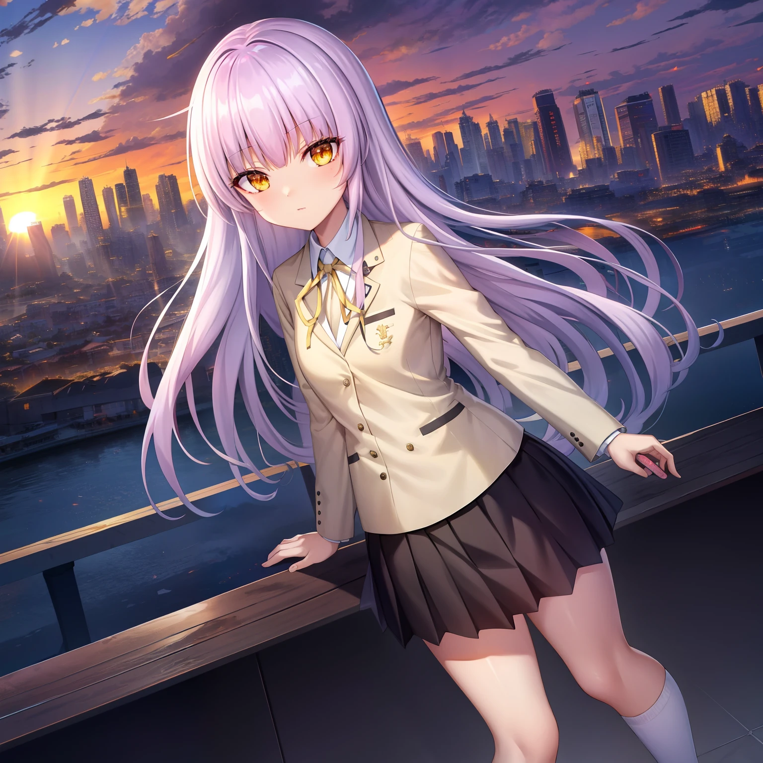 ,masutepiece, Perfect face,(dense lines:1.0), (Ultra-detailed:1.2), (Oil Painting:0.9), (the Extremely Detailed CG Unity 8K Wallpapers:1.2),
Looking at Viewer,(((City of Sunsets))),(((Sunset))),
1girl in,Solo,Long hair,School uniform,Jacket,Yellow eyes,Blazer,Skirt,White socks,shoes,Canadest Girl,Angel Beats!,Light purple hair,
