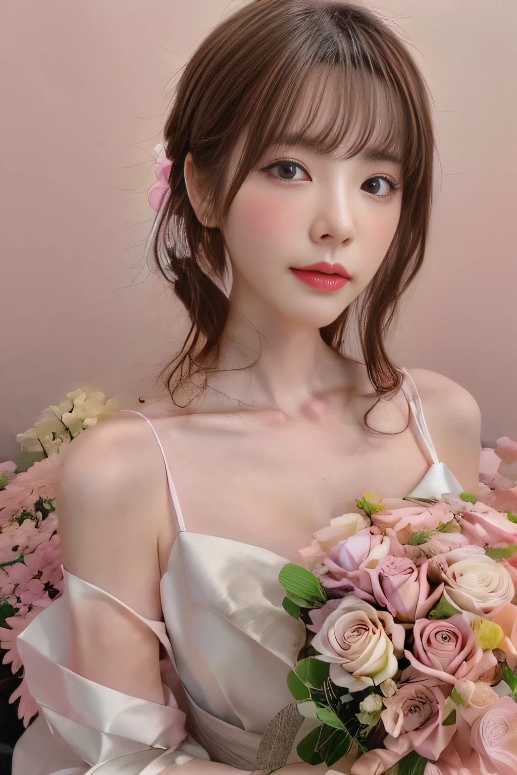 Close up portrait of woman holding bouquet of flowers, inspired by Yanjun Cheng, ethereal beauty, yangjun chen, artwork in the style of guweiz, ig model | ArtGerm, kawaii realistic portrait, pink pastels, aesthetic cute with flutter, guweiz, by Yanjun Cheng, pastel style painting, ulzzangs, fairycore