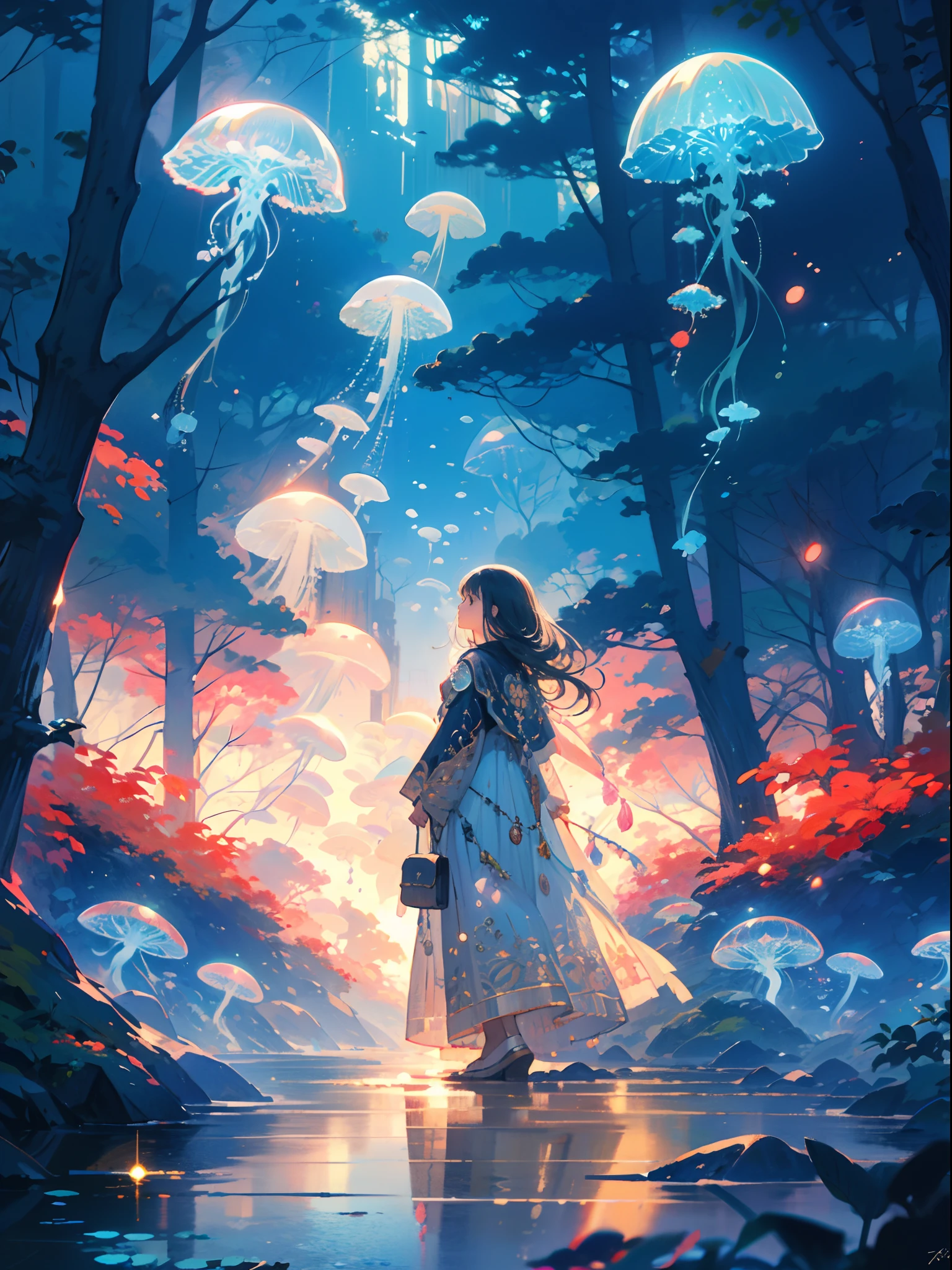 green jellyfish,(jellyfishforest:1.4), 1girl, mushroom, dress, long hair, scenery, white dress, solo, nature, water, wading, outdoors, tree, standing, black hair, fantasy, forest