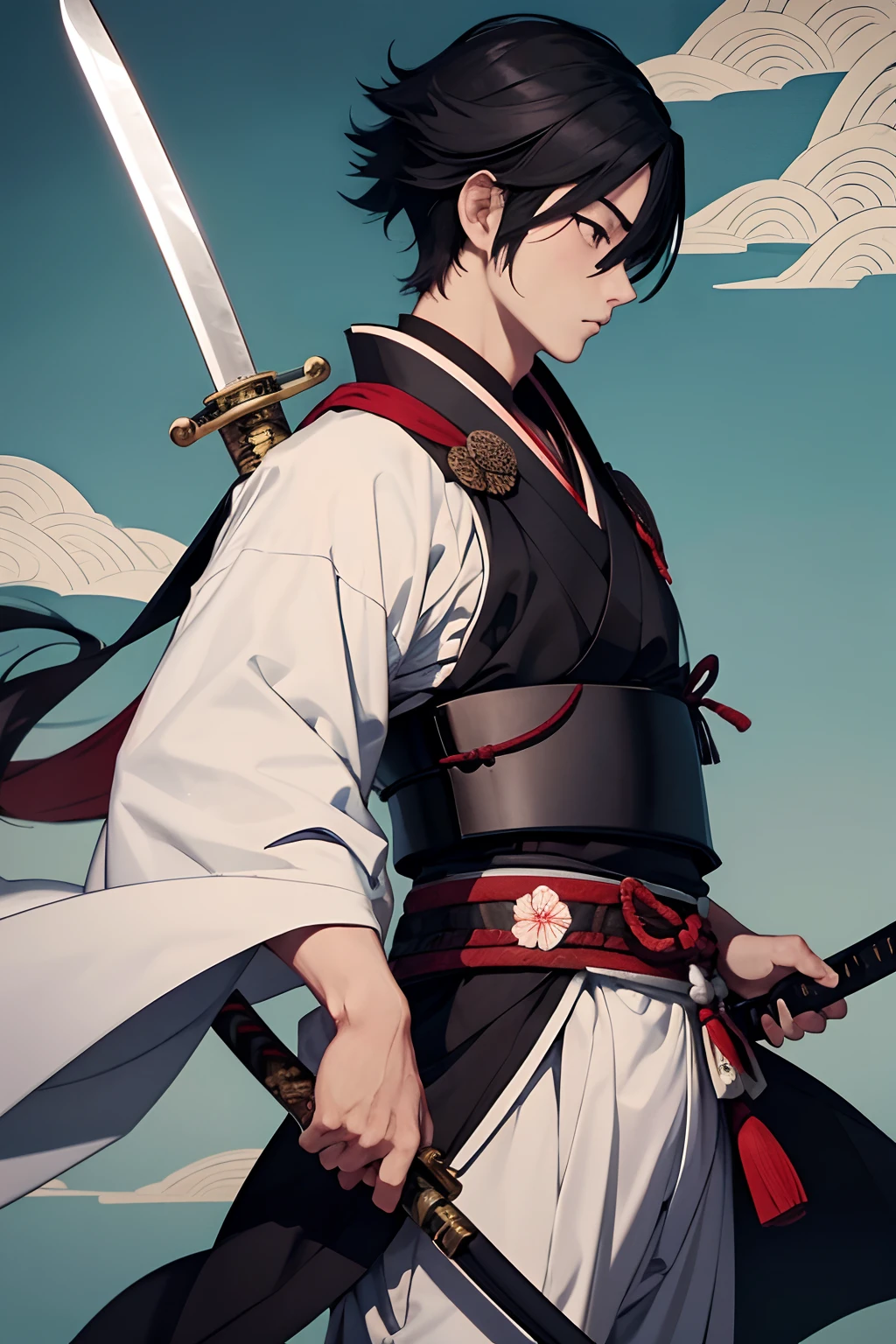 japanese samurai、beautiful young boy、Chommage、Japanese Katana Sword、Anime-like protagonist、Scenery of the Edo period、Ukiyo-e style、hight resolution、