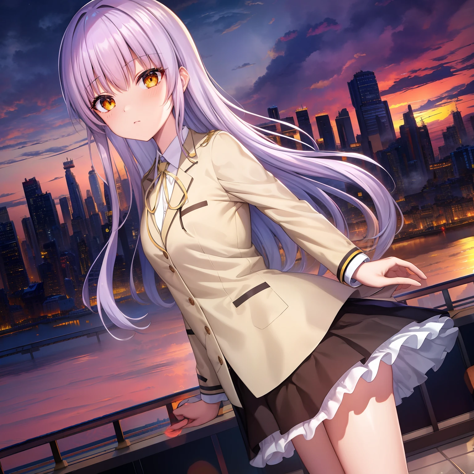 ,masutepiece, Perfect face,(dense lines:1.0), (Ultra-detailed:1.2), (Oil Painting:0.9), (the Extremely Detailed CG Unity 8K Wallpapers:1.2),
Looking at Viewer,(((City of Sunsets))),(((Sunset))),
1girl in,Solo,Long hair,School uniform,Jacket,Yellow eyes,Blazer,Skirt,White socks,shoes,Canadest Girl,Angel Beats!,Light purple hair,