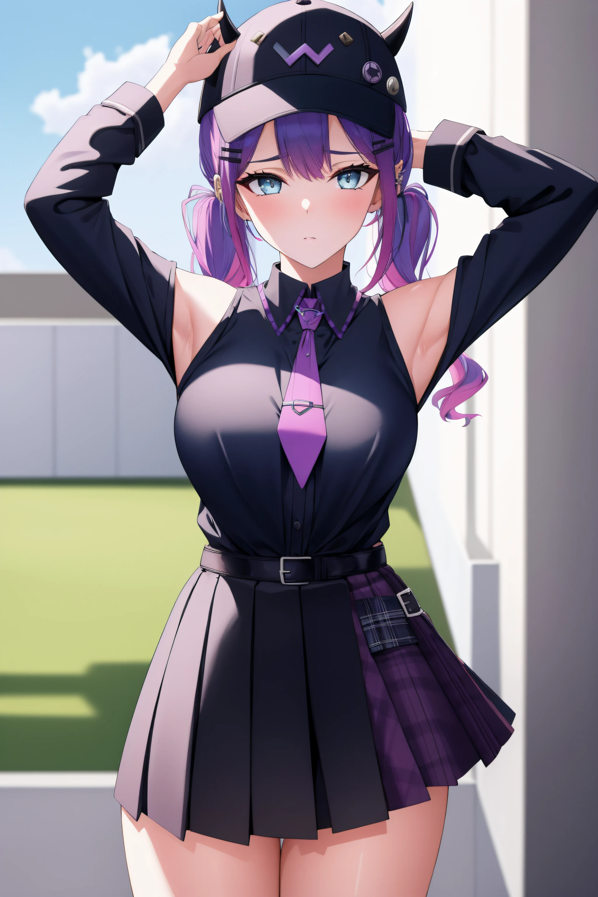 (day:1.7), sky background,a blue sky and clouds,
standing at attention,armpits,arm up,
purple necktie, black shirt, collared shirt, long sleeves, black skirt, plaid skirt,
aatowa, long hair, twintails, black headwear, baseball cap, fake horns, hairclip, piercing, demon tail,
1 girl, 20yo,young female,Beautiful Finger,Beautiful long legs,Beautiful body,Beautiful Nose,Beautiful character design, perfect eyes, perfect face,
looking at viewer, (innocent_big_eyes:1.0),(expressionless:1.3),
NSFW,official art,extremely detailed CG unity 8k wallpaper, perfect lighting,Colorful, Bright_Front_face_Lighting,
(masterpiece:1.0),(best_quality:1.0), ultra high res,4K,ultra-detailed,
photography, 8K, HDR, highres, absurdres:1.2, Kodak portra 400, film grain, blurry background, bokeh:1.2, lens flare, (vibrant_color:1.2)
(Beautiful,medium_Breasts:1.4), (beautiful_face:1.5),(narrow_waist),(perfect hands, perfect anatomy),