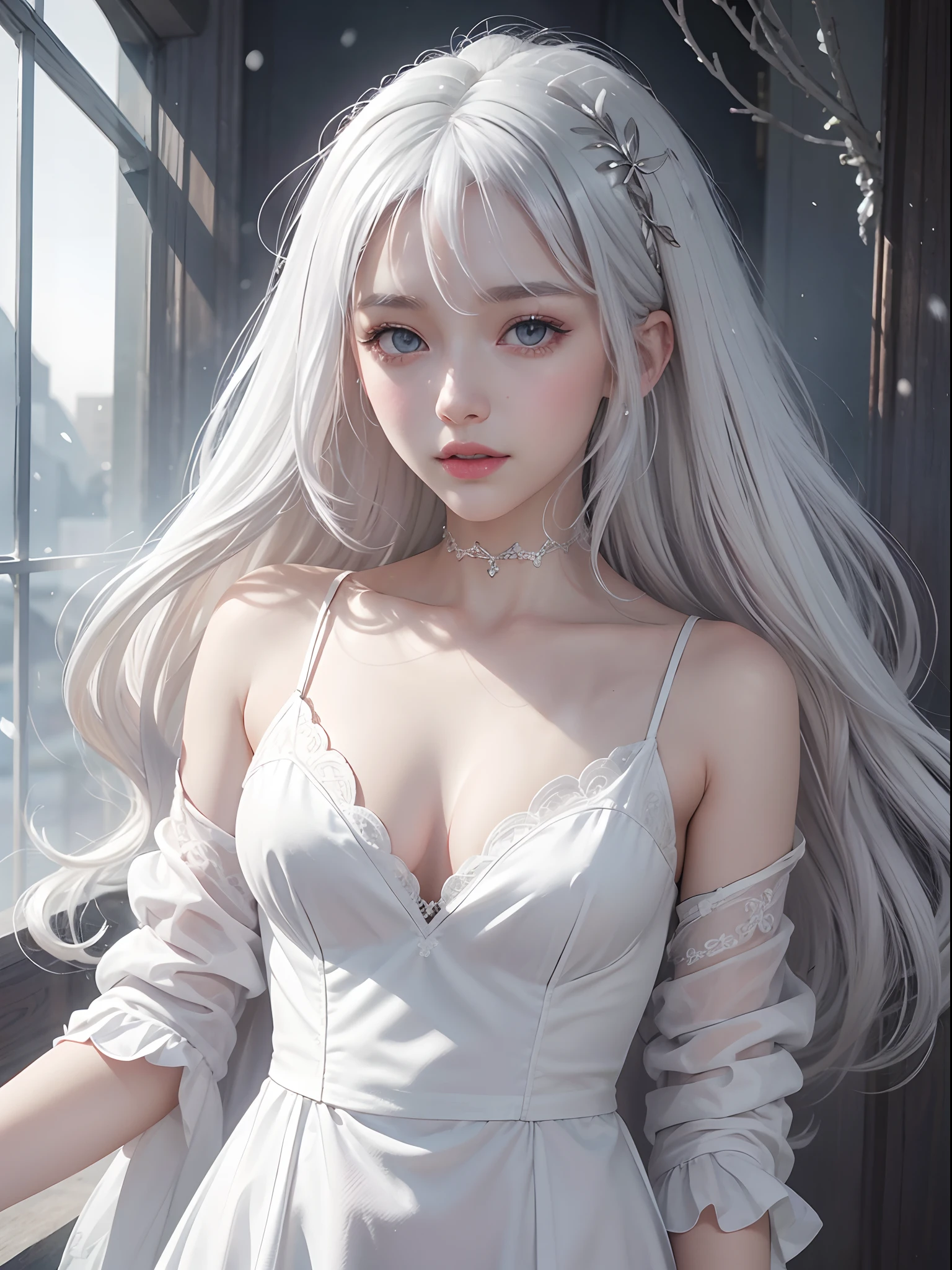 Platinum Blonde Fine Hair、(silver-white hair:1.5), (snow-white hair:1.1), (silver eyes:1.1), Super long silky straight hair, Bangs on the face and eyes, (Gray big eyes:1.1), Sheer White And Wet Nightgown Snow White Summer Dress, Nordic Youth, Perfect bodies, Very nice and cute, White muscles, Glowy skin, Youthful and beautiful skin, Perfect Beautiful Face Makeup, thin pink lips, Vivid expression、1 -yeld gi advertisement, Misleading、{Smoke}、Viewer's vision, The perspective of a bokeh atmosphere, more detailed, cinema light, intricately-detailed, hight resolution, Detailed features of the face design, High Details, Clear Focus, smoothness, aesthetics, printed, octans, {{tmasterpiece}}.