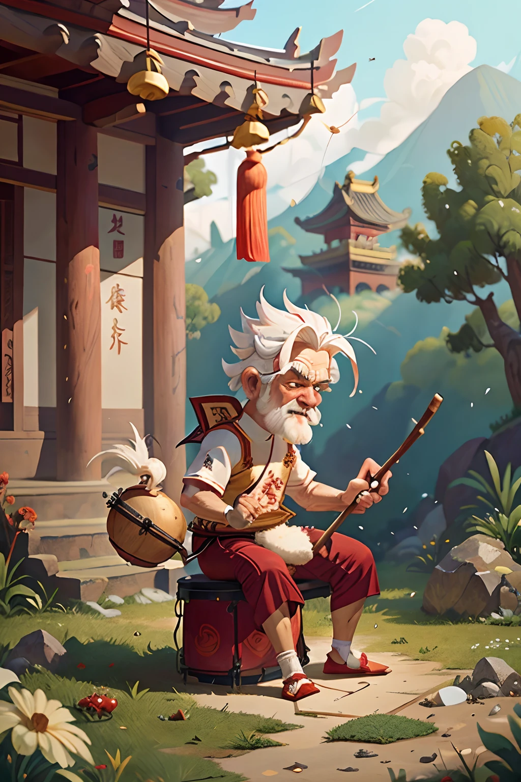 Immortal grandfather with white hair holding a drum stick，Chinese temples beat drums to repel bulls, devils, monkeys, and demons