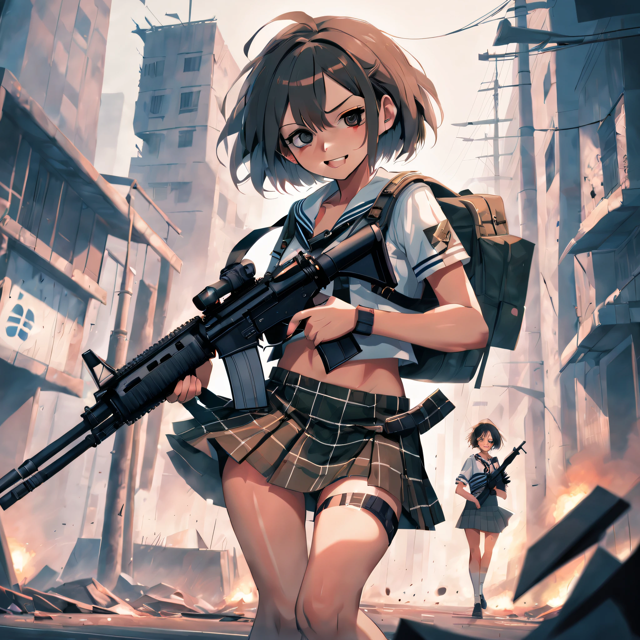 masutepiece, High resolution, Cinematic lighting, Front Camera Angle, Ruined metropolis, Schoolgirl Standing With Assault Rifle (M16), Beautiful Girl, Grinning, Good figure, Short hair, Big breasts, cleavage, Short sailor suit with a visible navel, Miniskirt with tartan check,