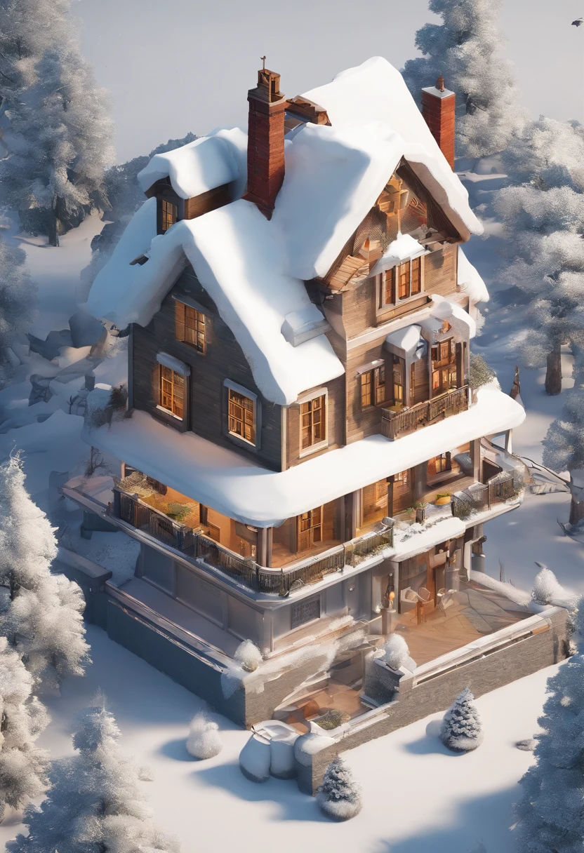 Cottage with big trees,Winter scenery,Illustration of a house covered in snow,Faraway view,Perspective plane 45 degrees,Isometric projection,Close-up Shot Shot,focal,Warm light,high detal,3D,C4D,Blender,OC renderer – S 250