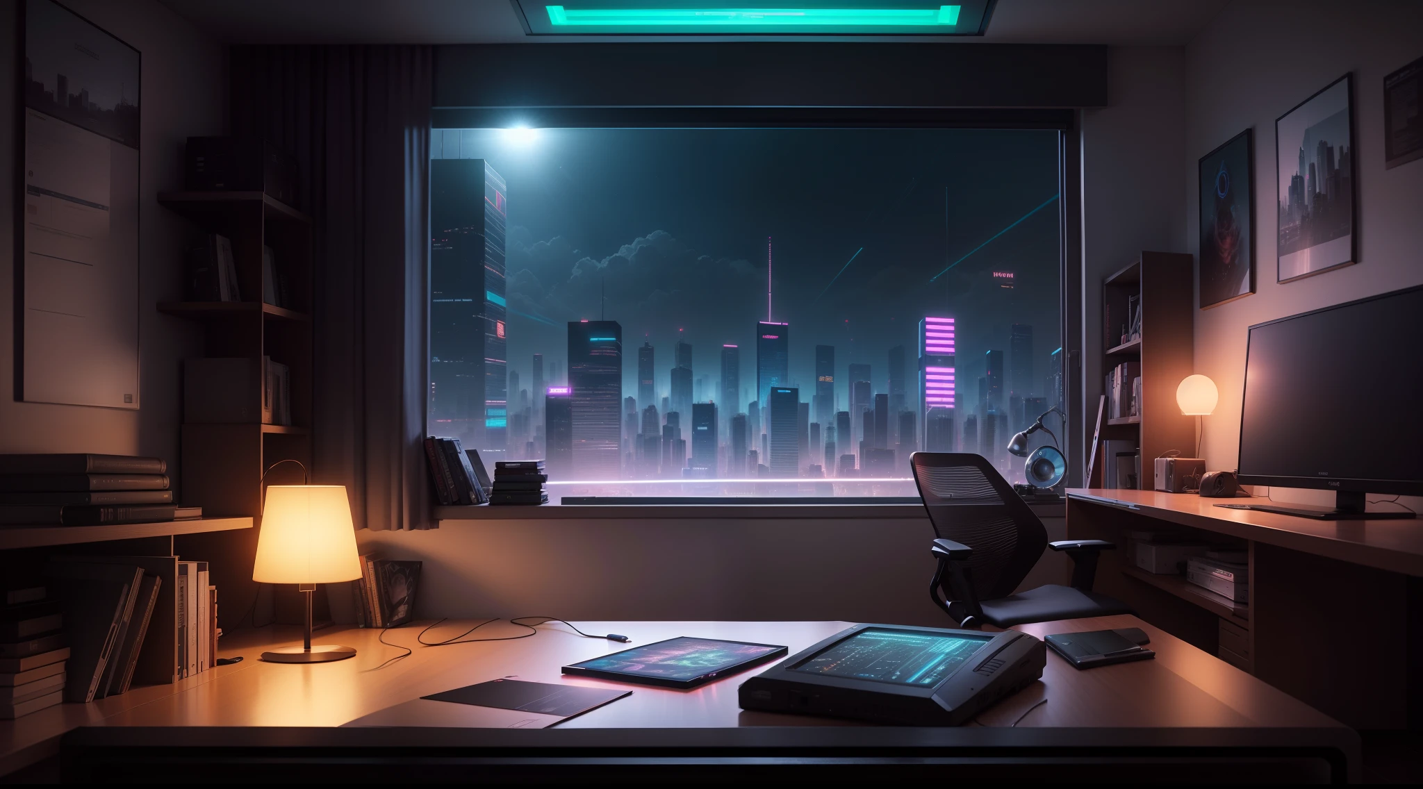 Qualidade 8k, high resolution, Landscape, quarto, mal iluminado, estilo cyberpunk, cores vibrantes,persianas abertas, lights peeking through blinds, messy bed, computador, mesa, cartazes pendurados na parede
