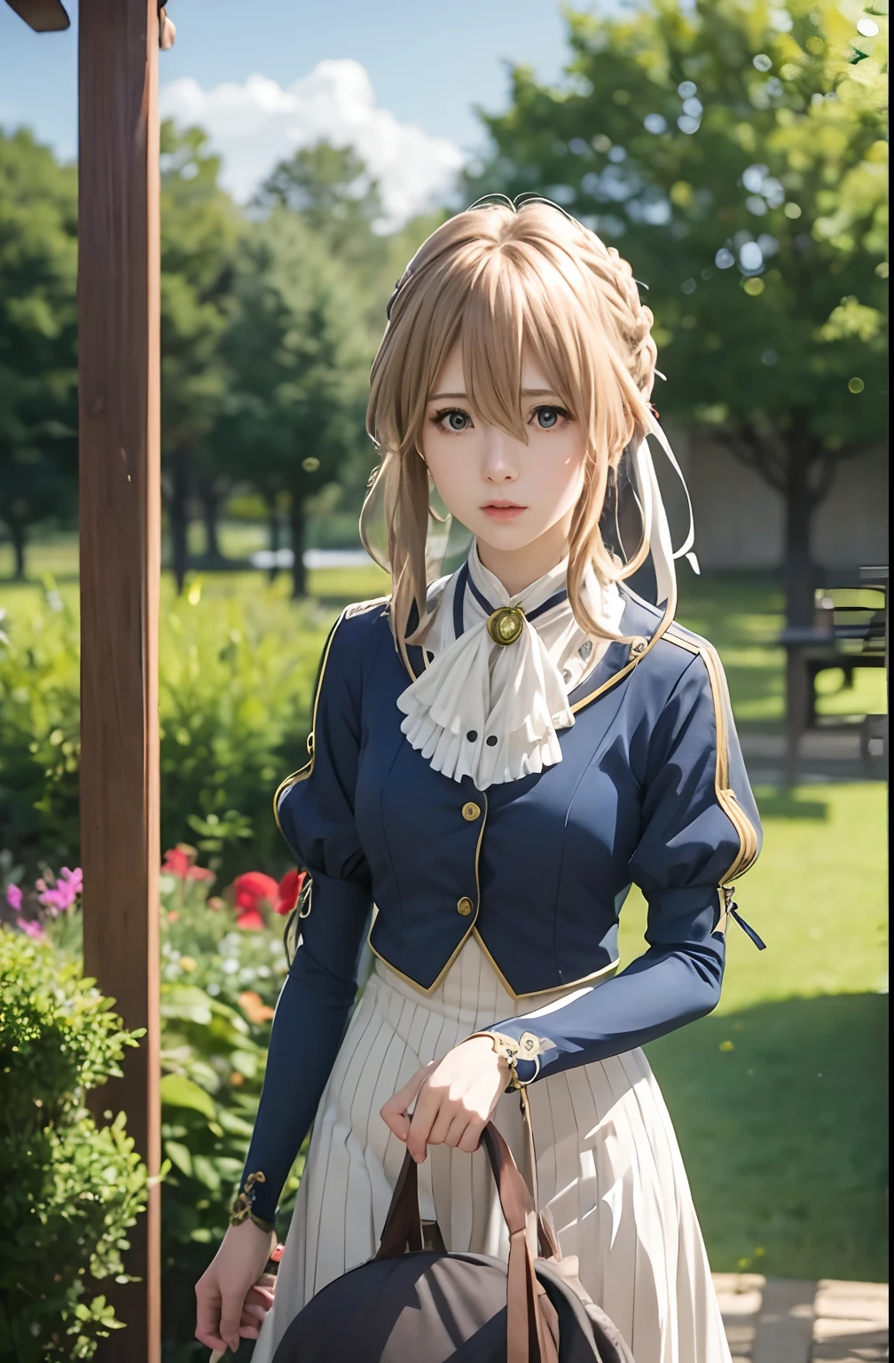 Violet Evergarden,masutepiece, Best Quality, 1girl in, Solo, Blonde hair, Blue eyes, hair between eye, Looking at Viewer, bow ribbon, Red Ribbon, braid, Hair Ribbon, Jacket, Blue jacket, Jewelry, Bangs, Outdoors, brooches, Hair intake, Anime coloring, ascot, Blurry background, Blurry, White Ascot, tree, Closed mouth, Portrait, Dayglass、extremely details CG, ( Perfect Anatomy),living、extremely details CG, ( Perfect Anatomy),A sense of life