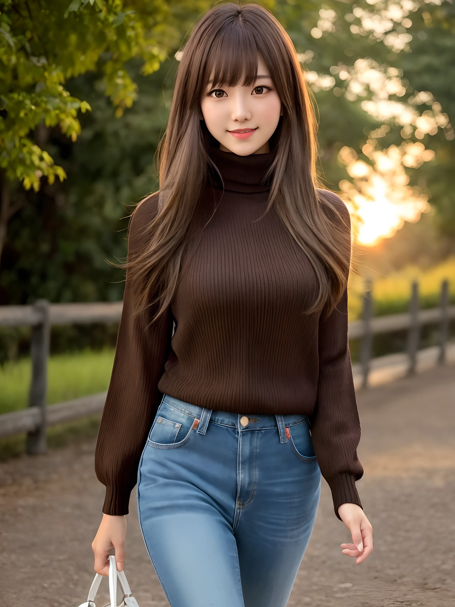 Product quality, 1 girl, Cowboy Shot, Front view, a Japanese young pretty girl, Long bob hair, Walk through the crowded park in the evening with a big smile, Beautiful sunset, Wearing a black turtleneck sweater, Hem of sweater over jeans, Shoulder bag over shoulder, hyper cute face, Glossy lips, double eyelids for both eyes, Natural makeup, shiny smooth light brown hair of a long bob hair, asymmetrical bangs, Tanned skin, central image, High resolution, high detailing, detailed hairstyle, Detailed face, Cinematic lighting, Octane Rendering, Hyper realistic, Perfect limbs, Perfect Anatomy
