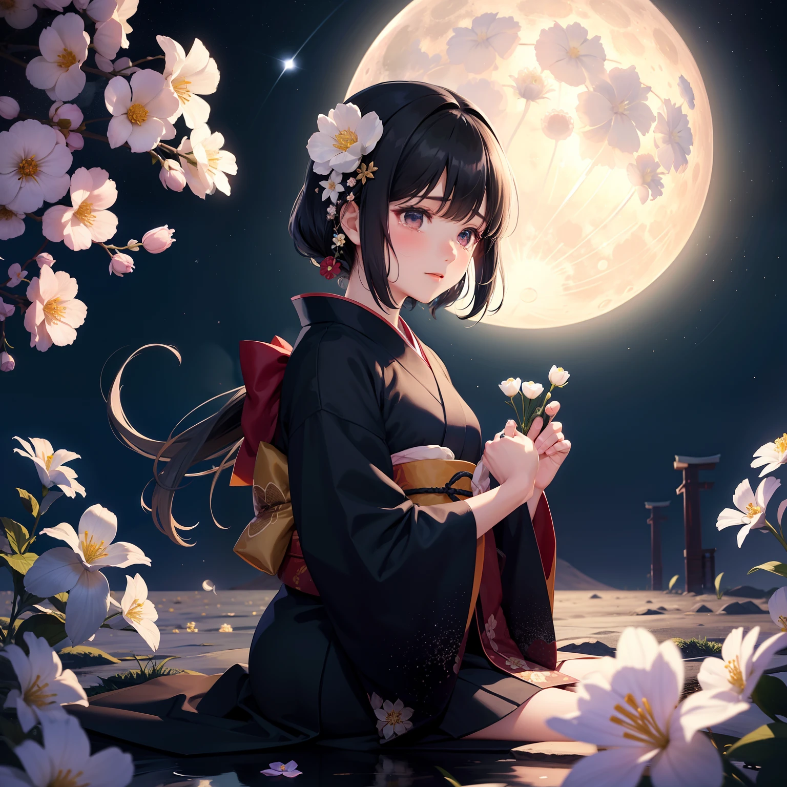 Flowers blooming on the moon、Beauty under the moon、1人の女性、Staring at the moon、natta、landscapes、Japanese dress、starrysky、A dark-haired、Black kimono、is crying、Tears、