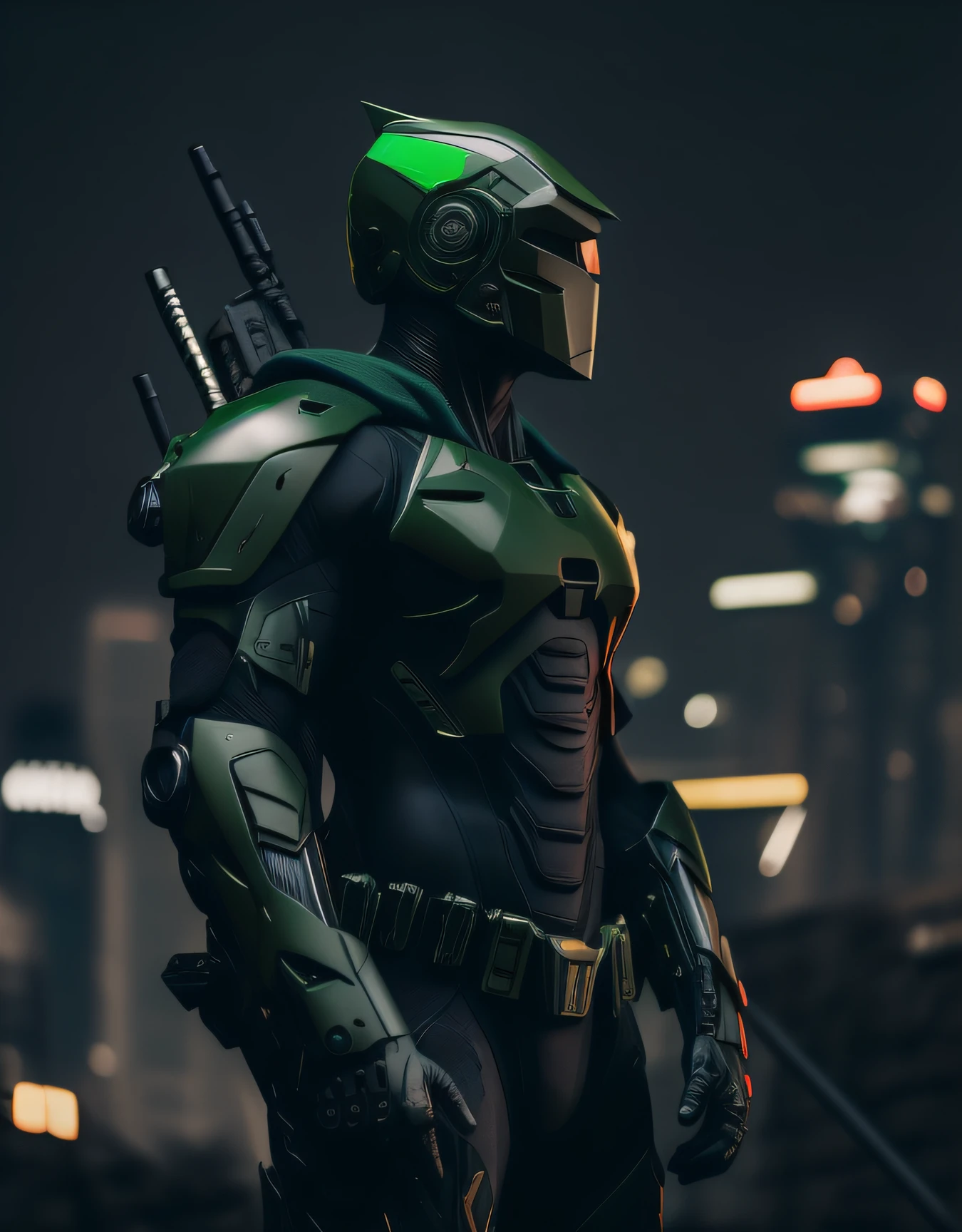 Homem de terno verde com arma e luz verde, Master Chief em Cyberpunk City, usando armadura verde e capacete, terno cyberpunk, cybernetic suit, Terno furtivo, armadura cyberpunk, armadura verde, clothed in sci-fi military armor, soldado cyberpunk, metallic green armor, vestido com armadura furtiva, Batman cyberpunk, cavaleiro cyberpunk, cyber fight armor