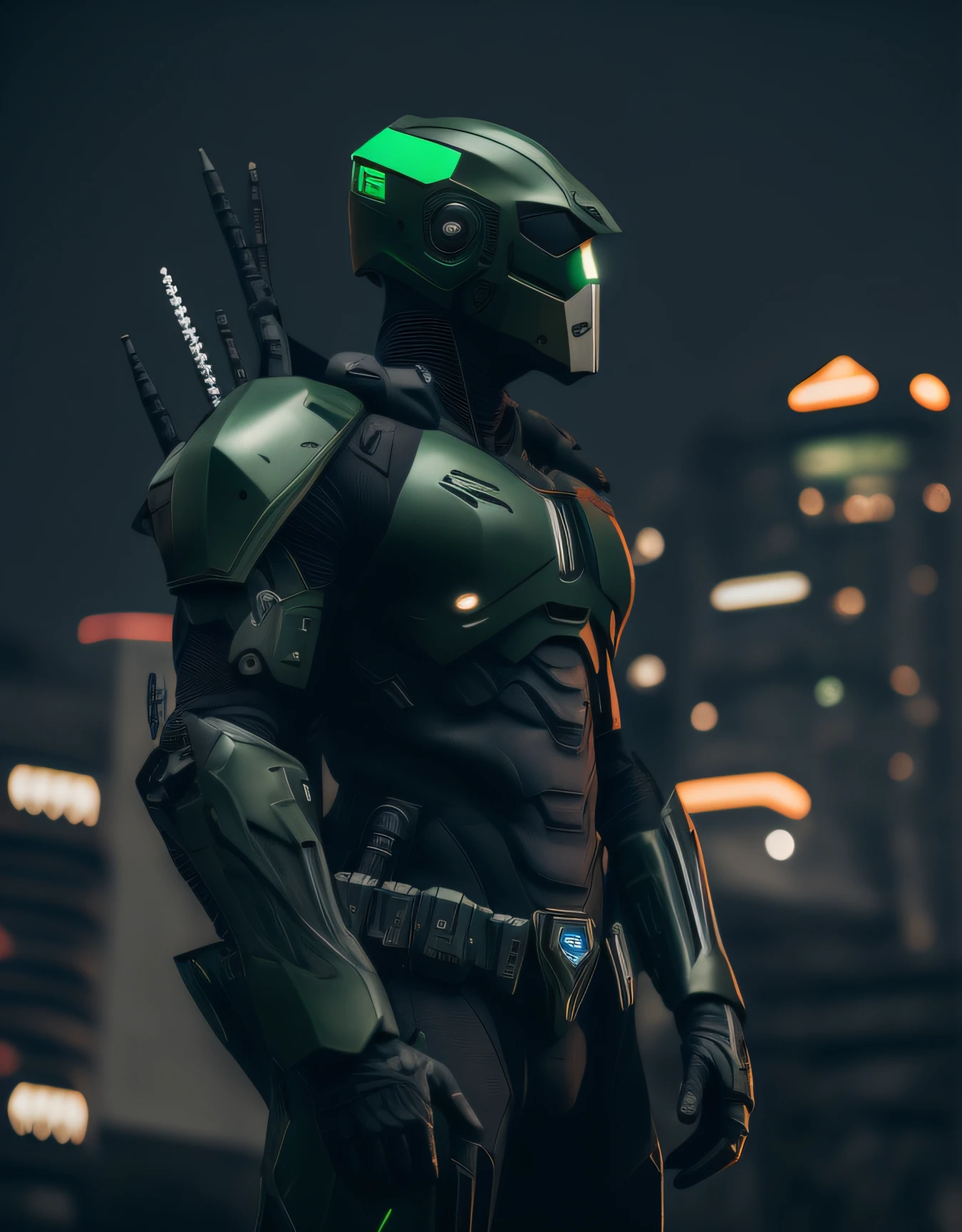 Homem de terno verde com arma e luz verde, Master Chief em Cyberpunk City, usando armadura verde e capacete, terno cyberpunk, cybernetic suit, Terno furtivo, armadura cyberpunk, armadura verde, clothed in sci-fi military armor, soldado cyberpunk, metallic green armor, vestido com armadura furtiva, Batman cyberpunk, cavaleiro cyberpunk, cyber fight armor