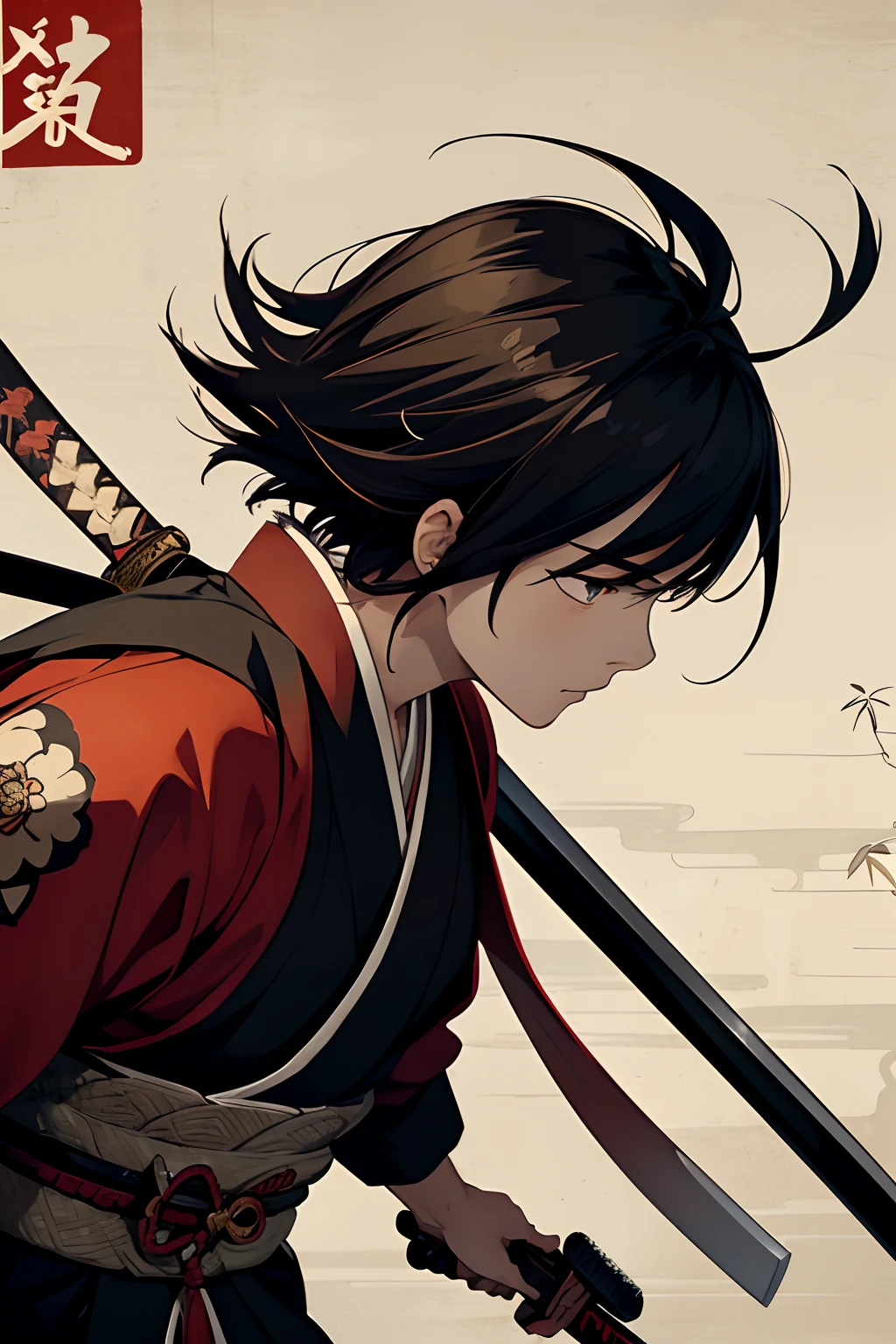 japanese samurai、beautiful young boy、Chommage、Japanese Katana Sword、Anime-like protagonist、Scenery of the Edo period、Ukiyo-e style、hight resolution、