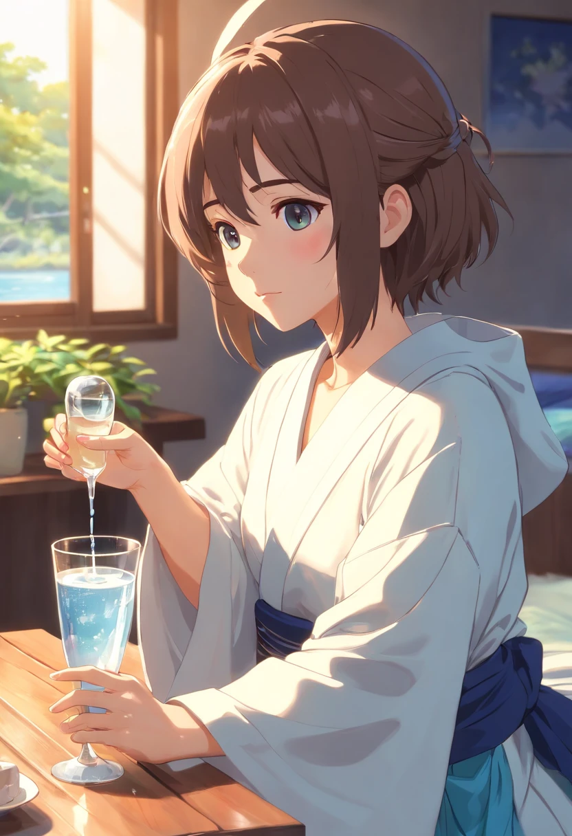 (Best Quality,Haute:1.2),Photorealista,Anime,princess,girl with,robe blanche,Has a small,Beautiful fece,Rio Claro in your hands,inside in room,sunlights,eyecontact,Drinking water