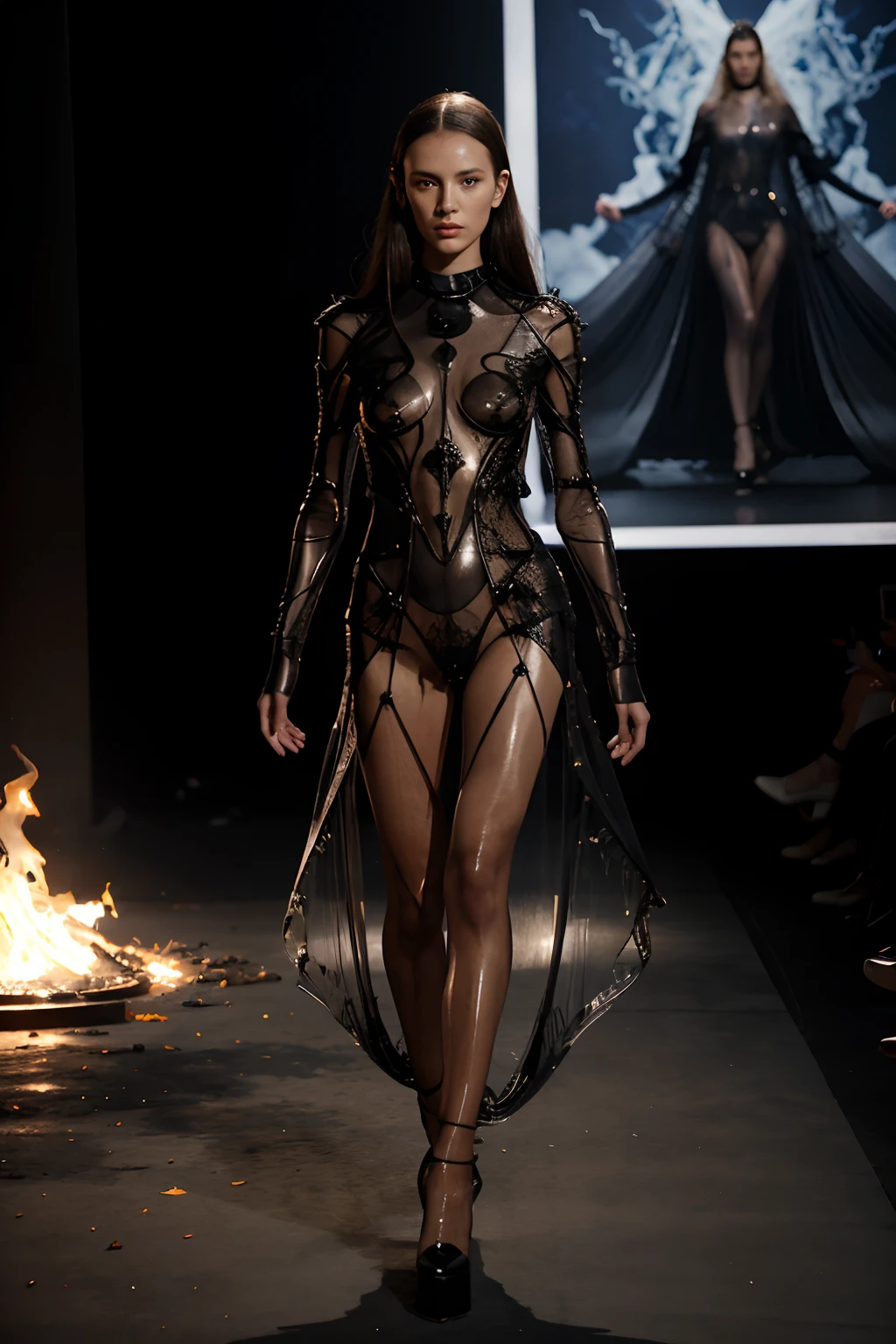 transparent sculptural clothes,a picture of a model walking down a fiery catwalk wearing a futuristic Iris Van Herpen outfit with Dali elements