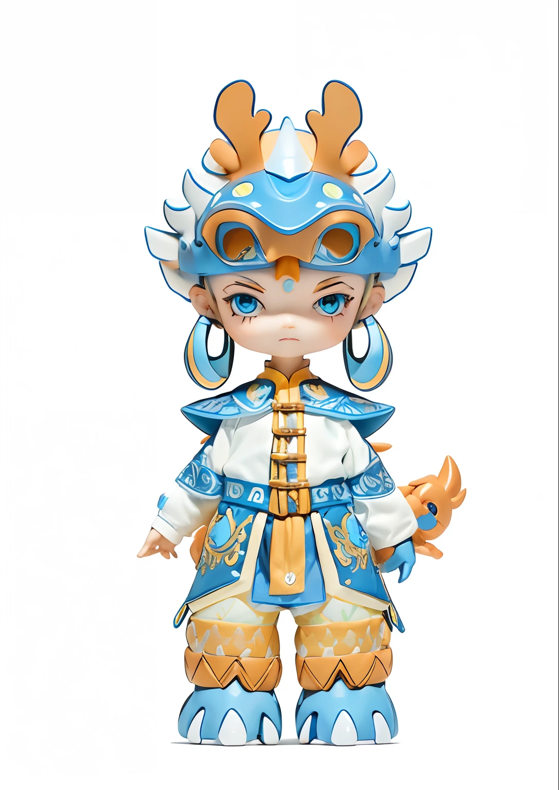 Blind box toy style，A  anthropomorphizing a dragon，cute  face，Wearing a taping hood on his head，Blue and white top，Blue and orange pants，Blue dragon claw shoes，It has a yellow and blue tail，The clothes are flat