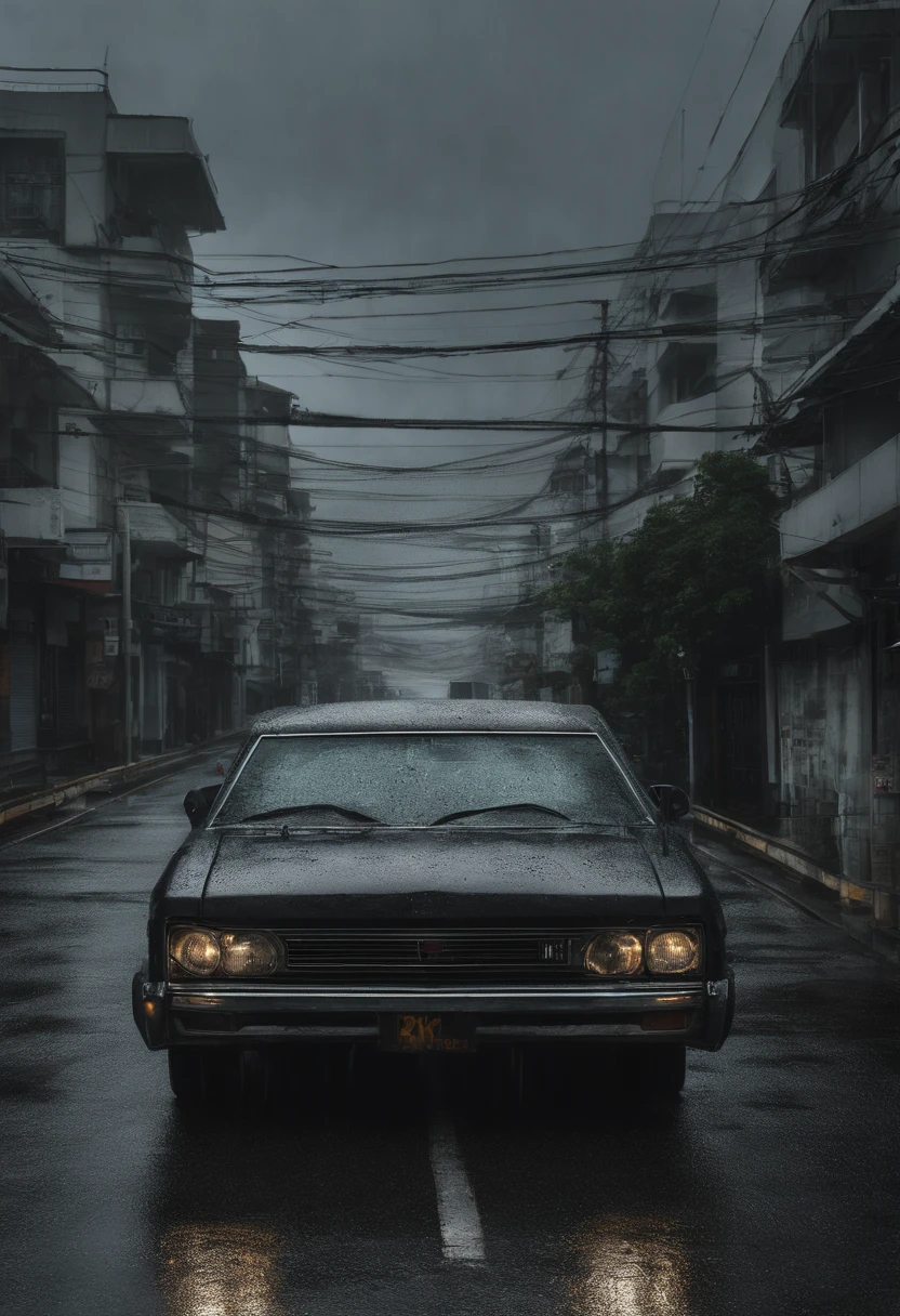 Rainy weather in Okinawa Japan, woman walking in street with boobs out stopping nearby traffic. 4k quality, facial expression in distress, big heavy tits sag to the concrete, No shoes on her feet, big swollen eyes, ultra realistic, male genitalia in car driving nearby.