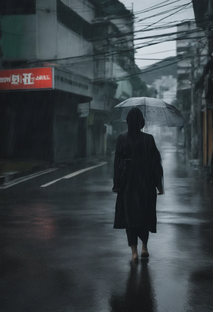 Rainy weather in Okinawa Japan, woman walking in street with boobs out stopping nearby traffic. 4k quality, facial expression in distress, big heavy tits sag to the concrete, No shoes on her feet, big swollen eyes, ultra realistic, male genitalia in car driving nearby.